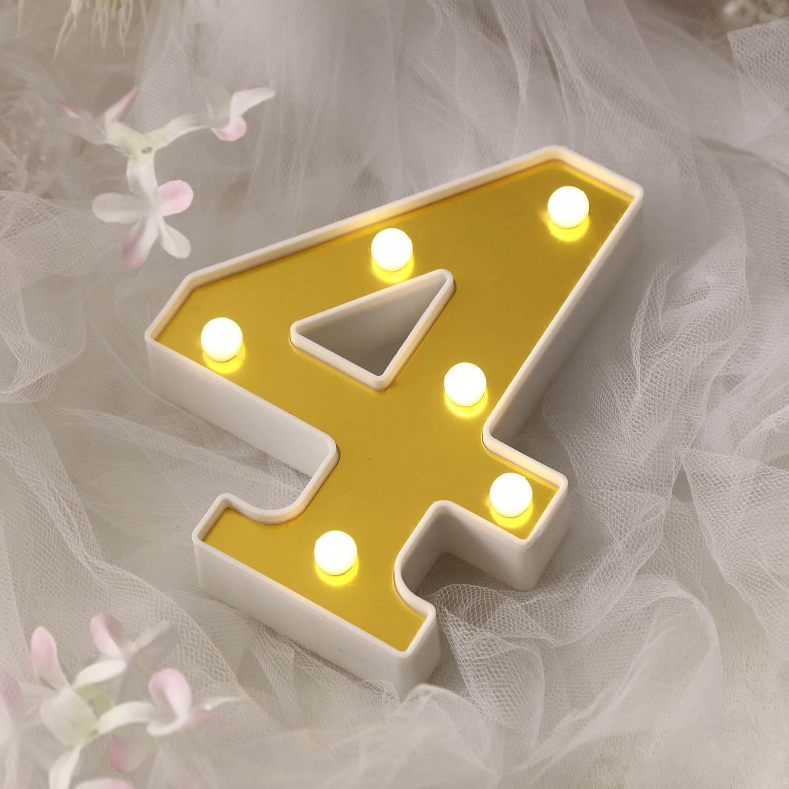 3D Marquee Number "4" Gold with Warm White 6 LED Lights 6" - Light-Up Decor for Weddings - Image 2