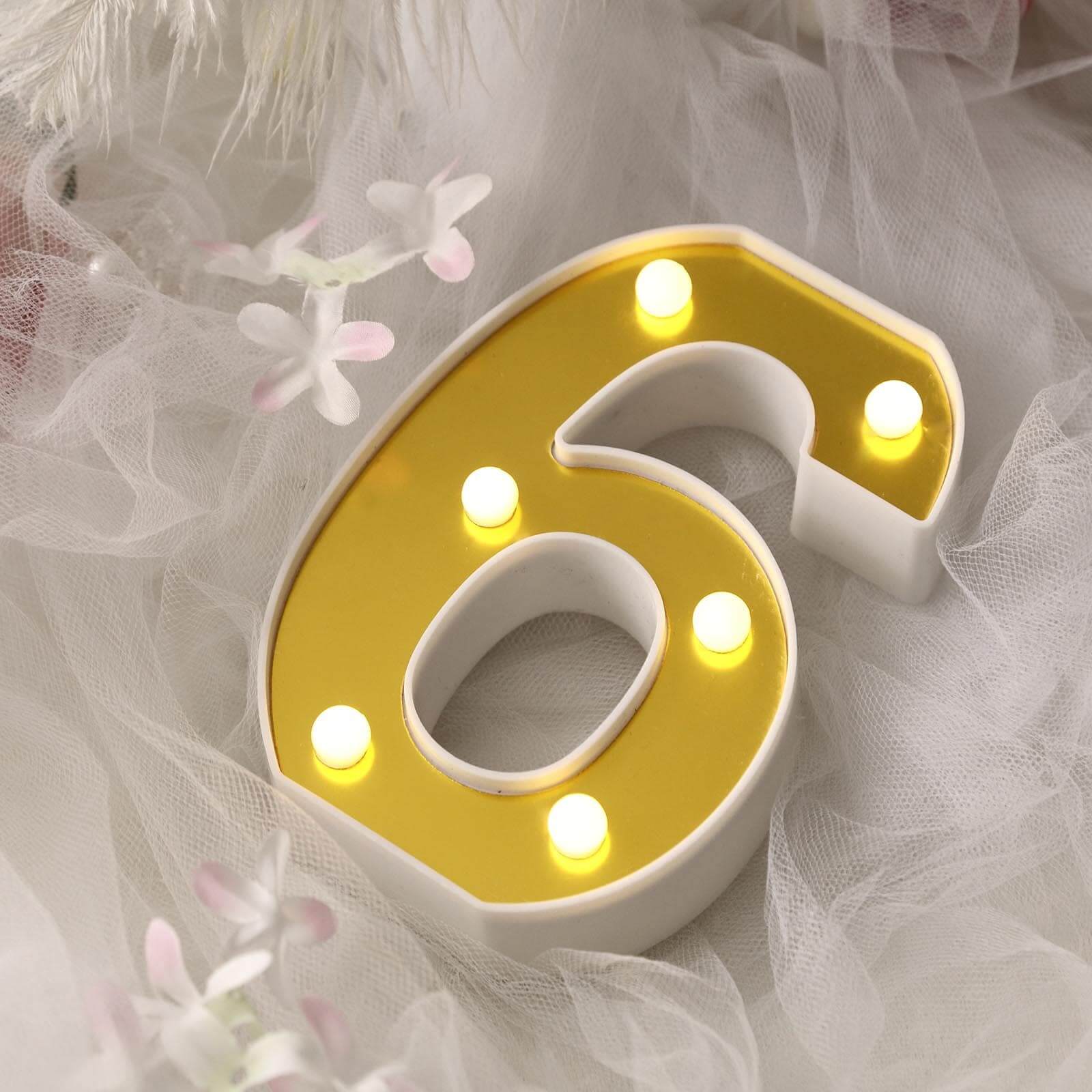 3D Marquee Number "6" Gold with Warm White 6 LED Lights 6" - Light-Up Decor for Weddings - Image 2