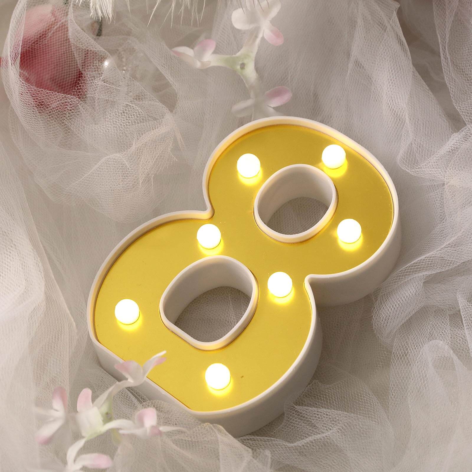 3D Marquee Number "8" Gold with Warm White 7 LED Lights 6" - Light-Up Decor for Weddings - Image 2