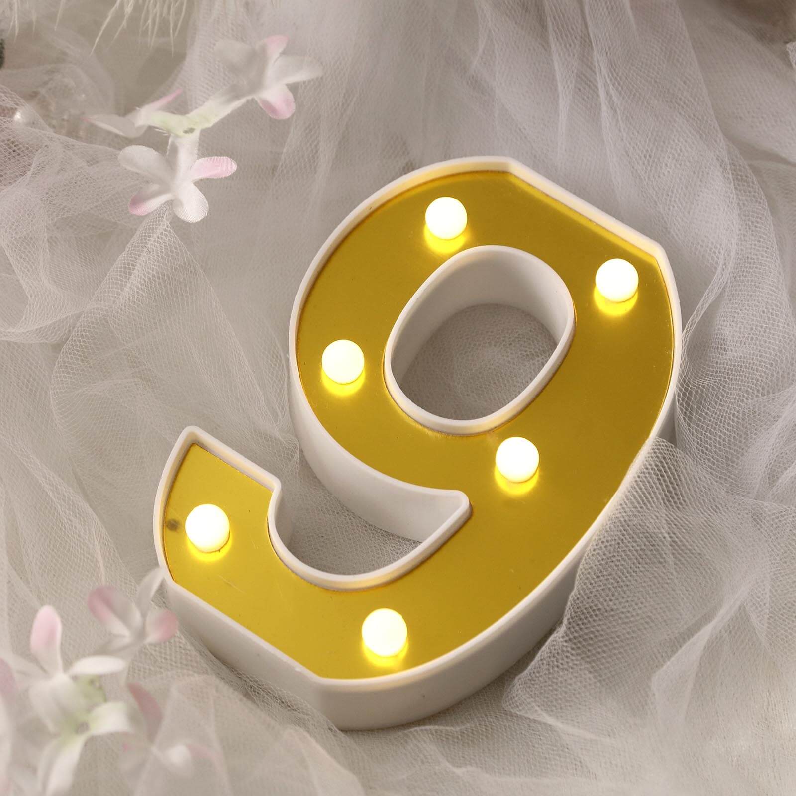 3D Marquee Number "9" Gold with Warm White 6 LED Lights 6" - Light-Up Decor for Weddings - Image 2
