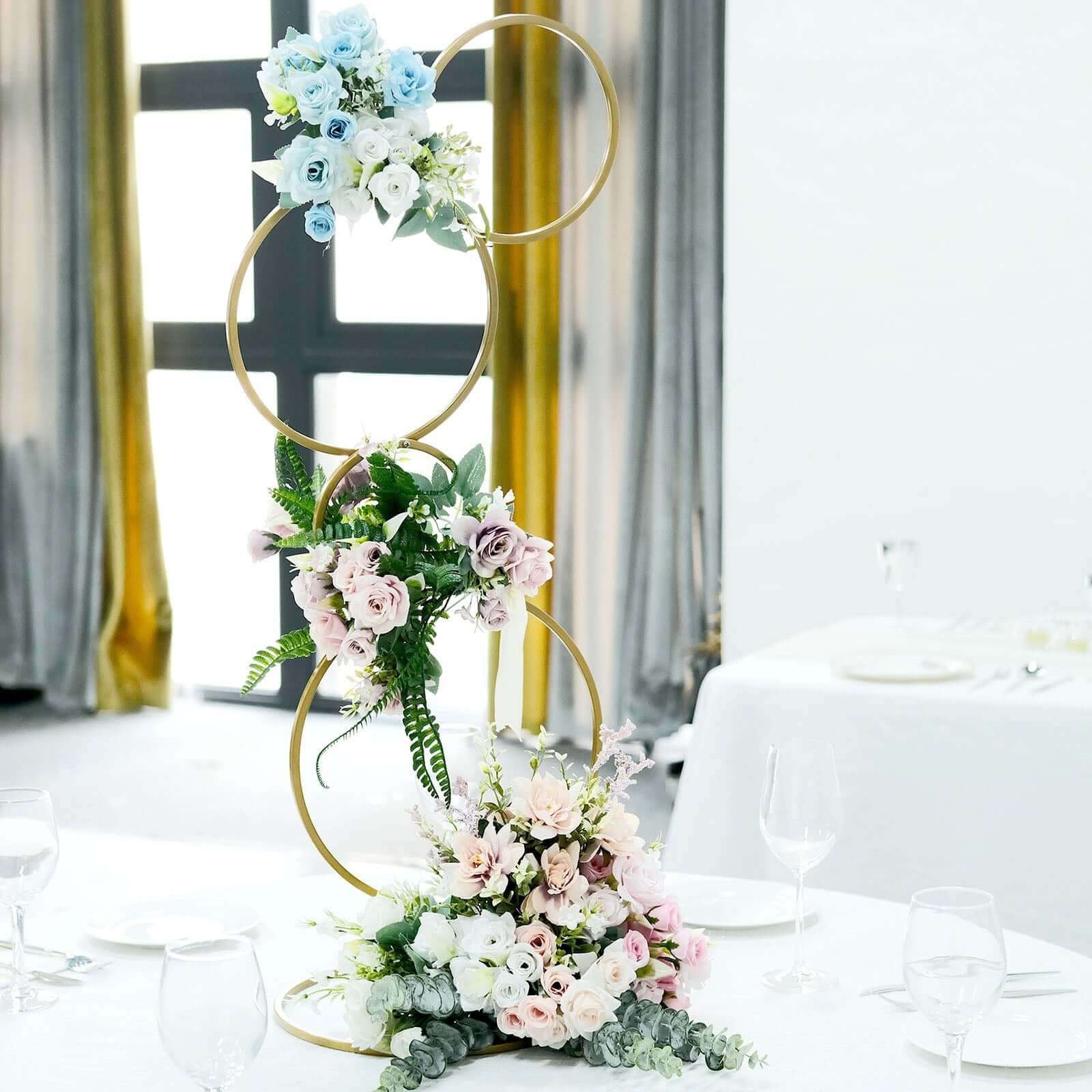 4-Tier Gold Metal Hoop Pillar Flower Stand, Wreath Wedding Arch Table Centerpiece 3ft - Image 2