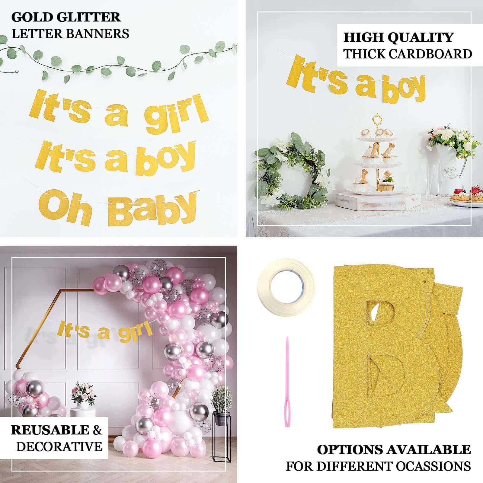 Gold Glittered Oh Baby Paper Hanging Baby Shower Garland Banner 3ft - Image 4