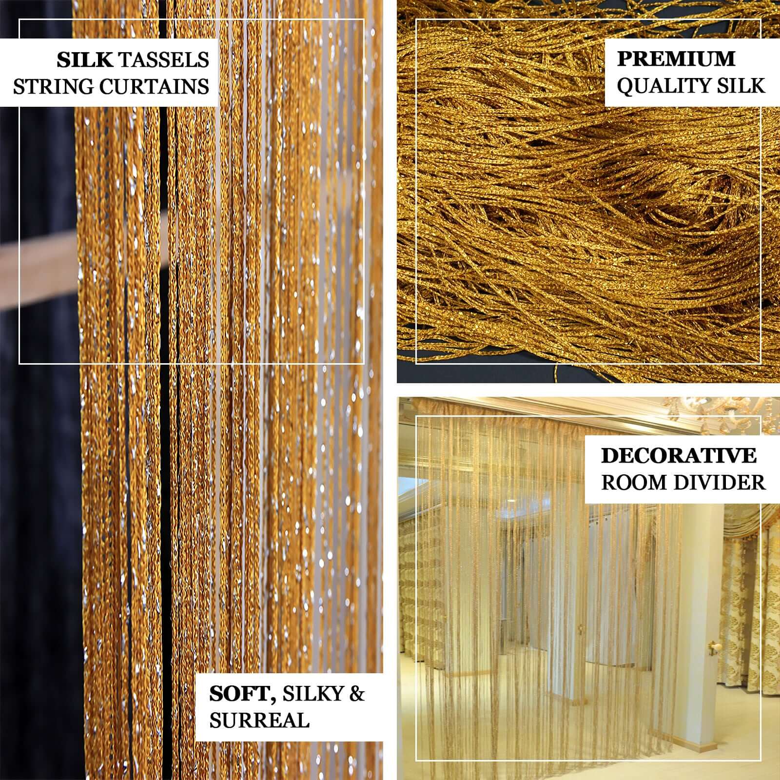 Gold Silk Tassel String Curtains, Decorative Room Divider Panels 3ftx8ft - Image 11