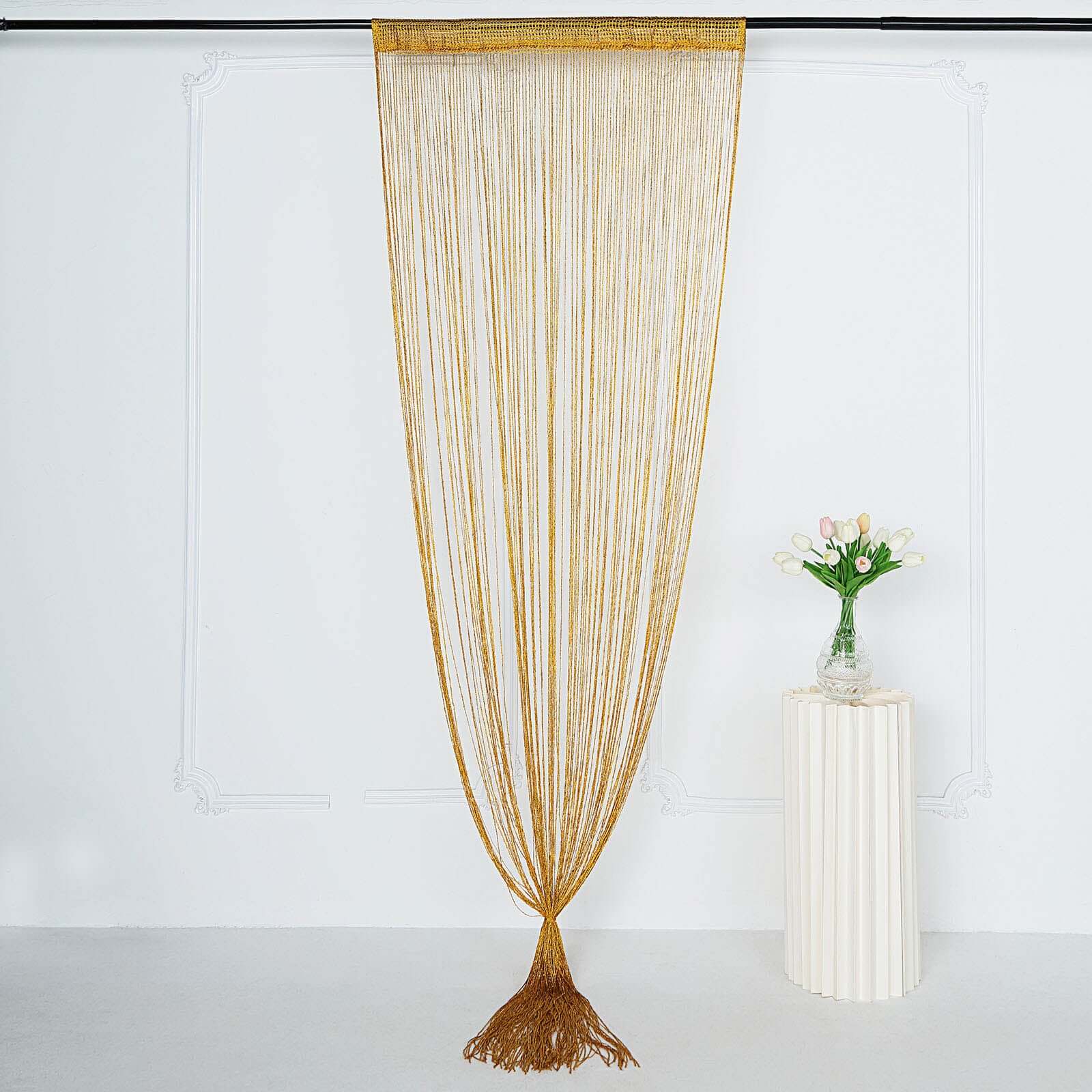 Gold Silk Tassel String Curtains, Decorative Room Divider Panels 3ftx8ft - Image 2