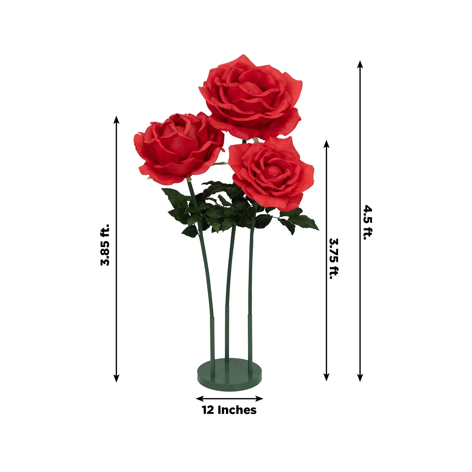 Giant Artificial Rose Decor Set – 3 Pcs Oversized Red Faux Flowers with Base Standing 4.5ft Tall Photo Booth Prop Parties Event Backdrop Display - Image 3