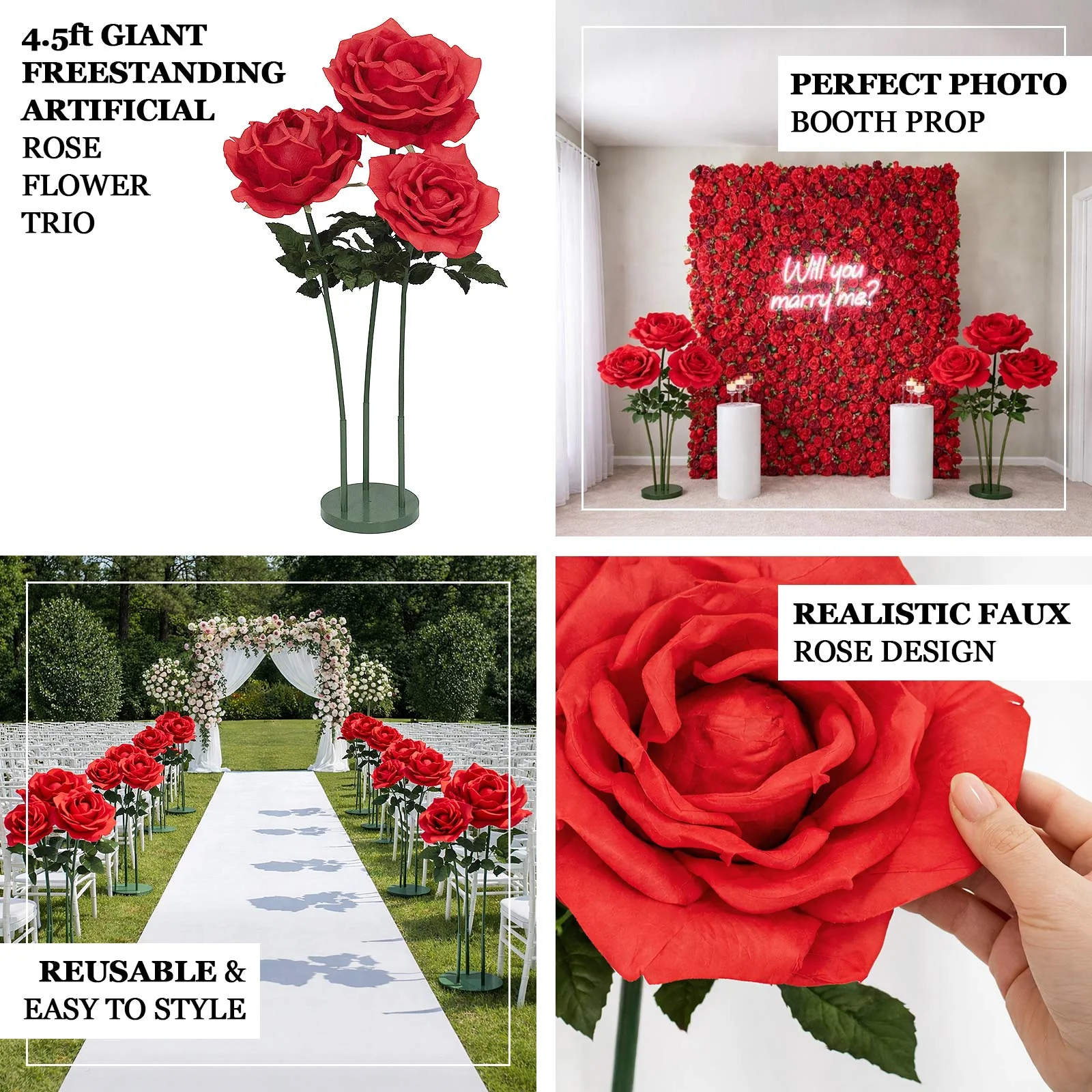 Giant Artificial Rose Decor Set – 3 Pcs Oversized Red Faux Flowers with Base Standing 4.5ft Tall Photo Booth Prop Parties Event Backdrop Display - Image 4