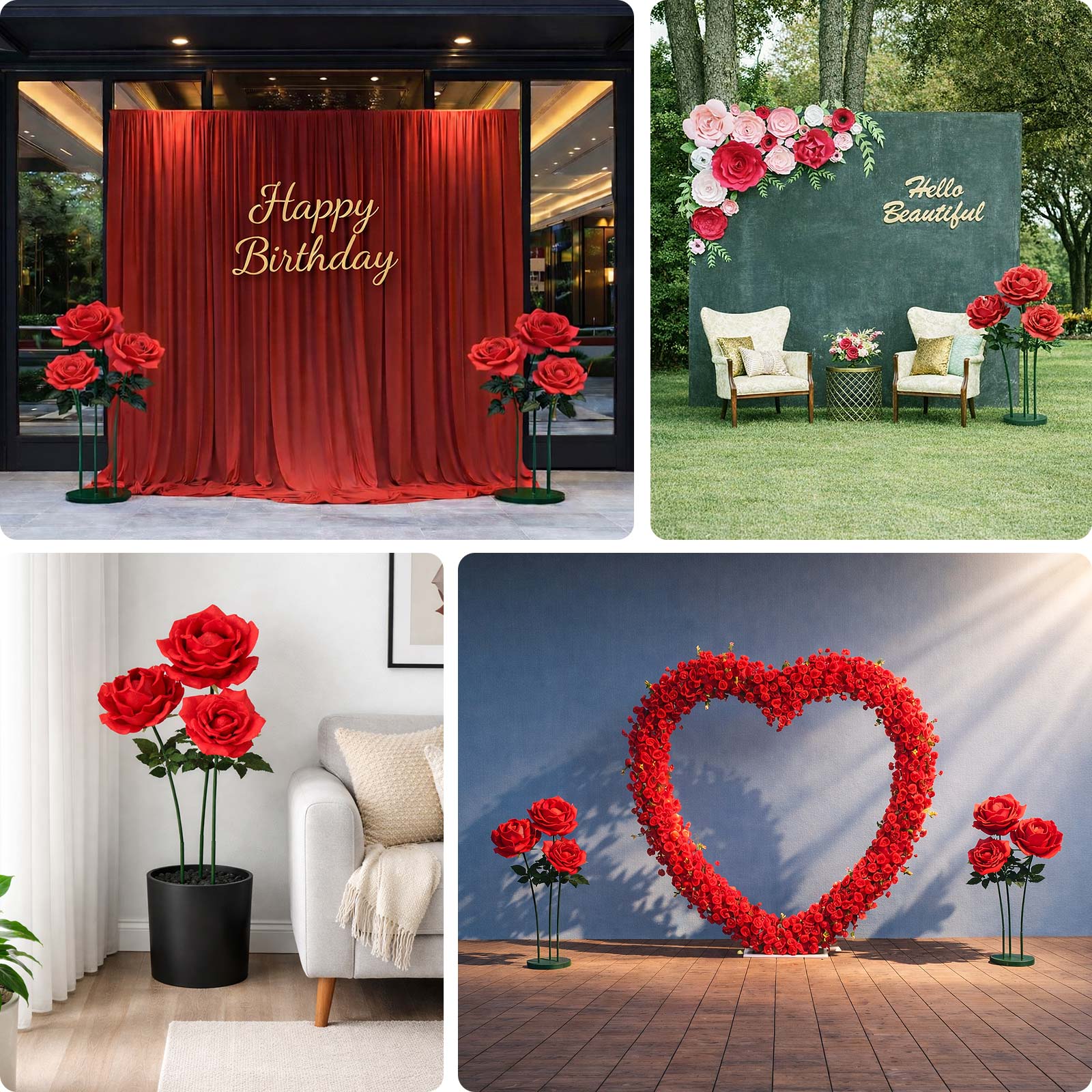 Giant Artificial Rose Decor Set – 3 Pcs Oversized Red Faux Flowers with Base Standing 4.5ft Tall Photo Booth Prop Parties Event Backdrop Display - Image 5