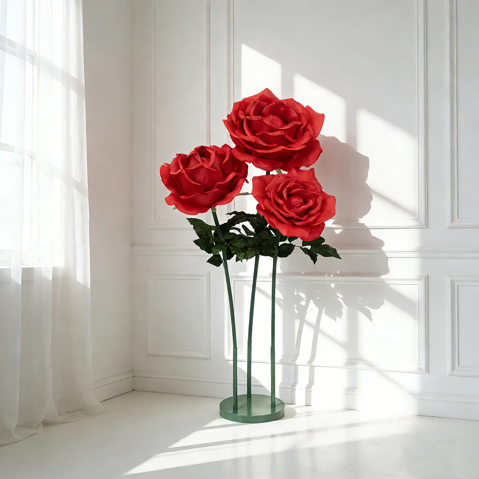 Giant Artificial Rose Decor Set – 3 Pcs Oversized Red Faux Flowers with Base Standing 4.5ft Tall Photo Booth Prop Parties Event Backdrop Display - Image 6