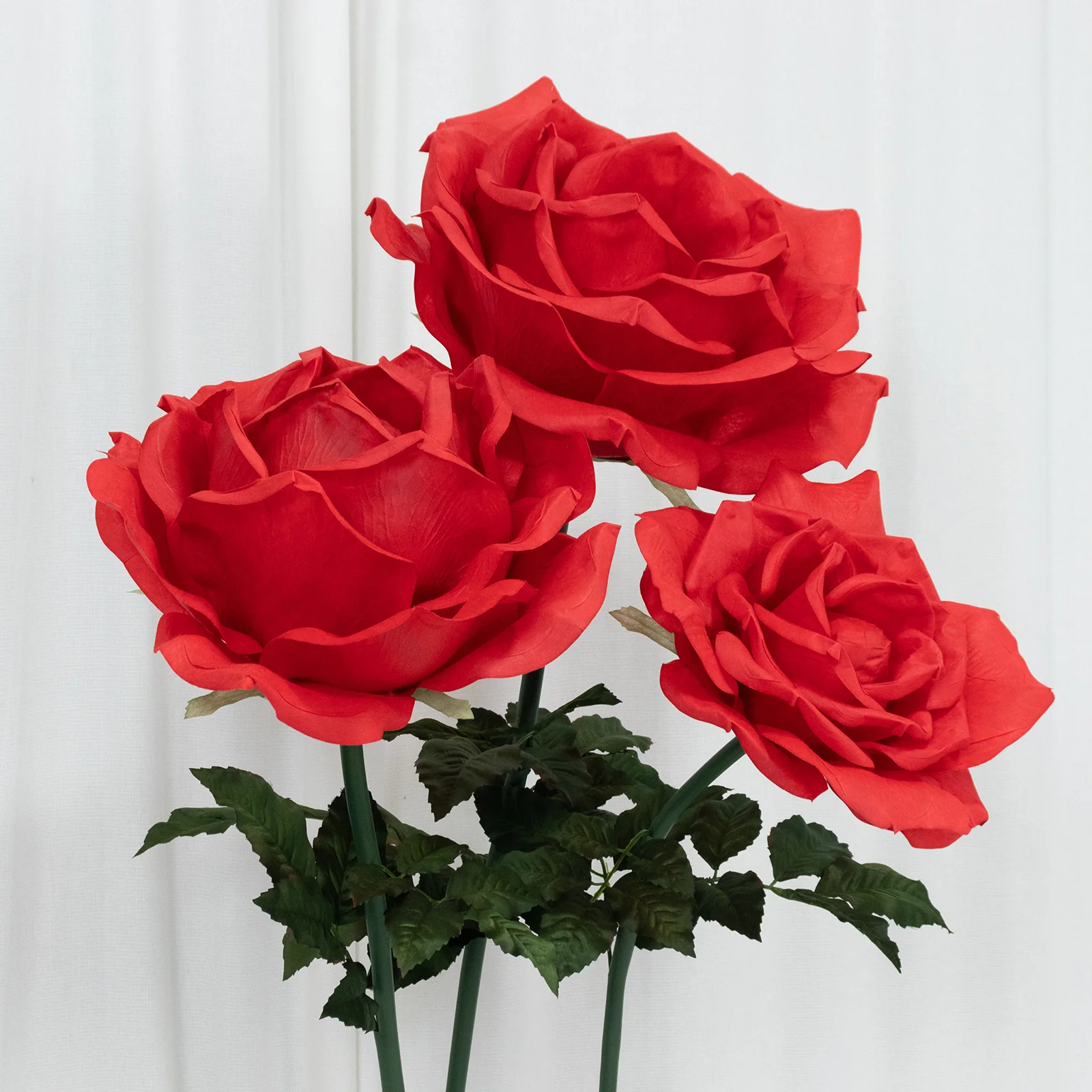 Giant Artificial Rose Decor Set – 3 Pcs Oversized Red Faux Flowers with Base Standing 4.5ft Tall Photo Booth Prop Parties Event Backdrop Display - Image 7