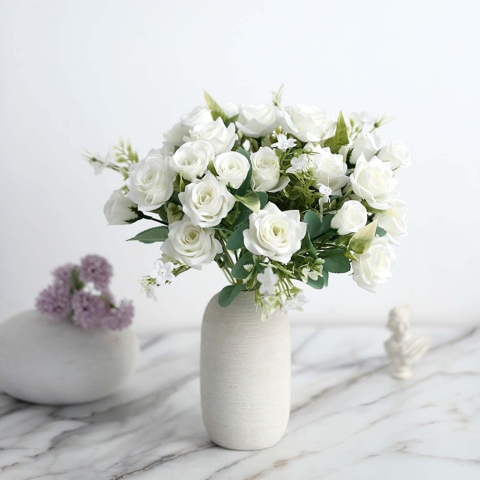4 Bushes Ivory Real Touch Artificial Silk Rose Bridal Bouquet, Faux Flowers 12"