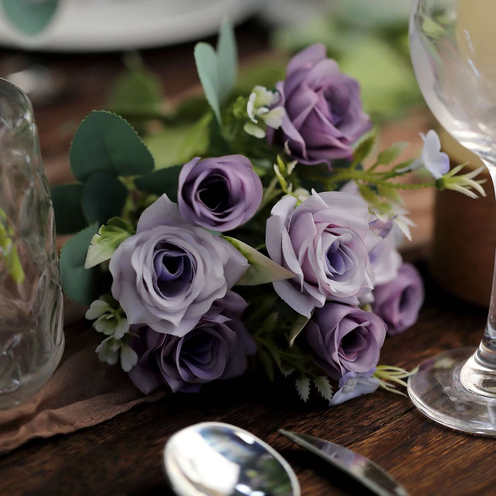 4 Bushes Lavender Lilac Real Touch Artificial Silk Rose Bridal Bouquet, Faux Flowers 12" - Image 2