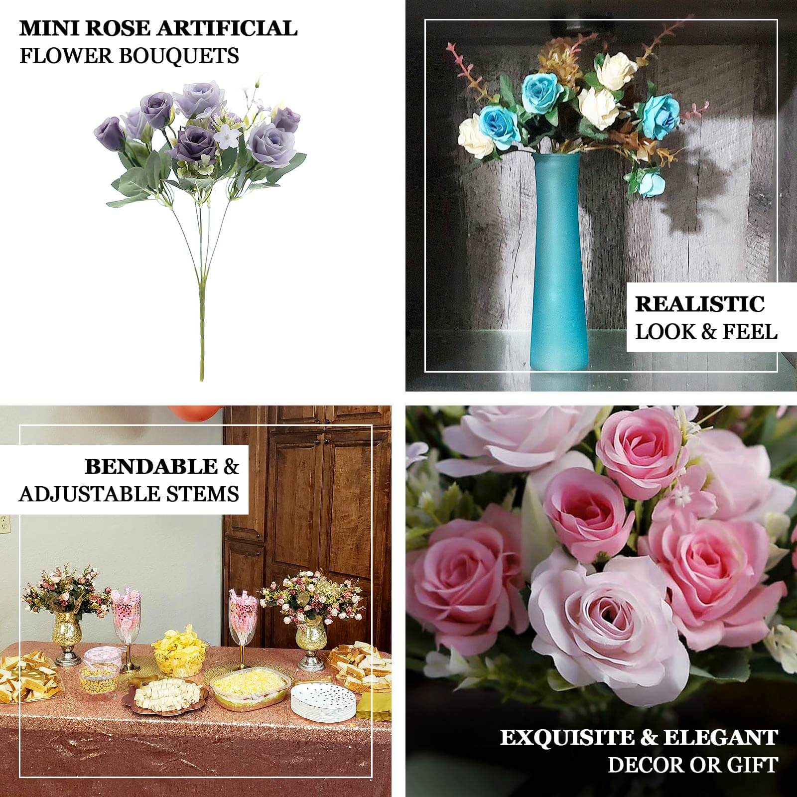 4 Bushes Lavender Lilac Real Touch Artificial Silk Rose Bridal Bouquet, Faux Flowers 12" - Image 4