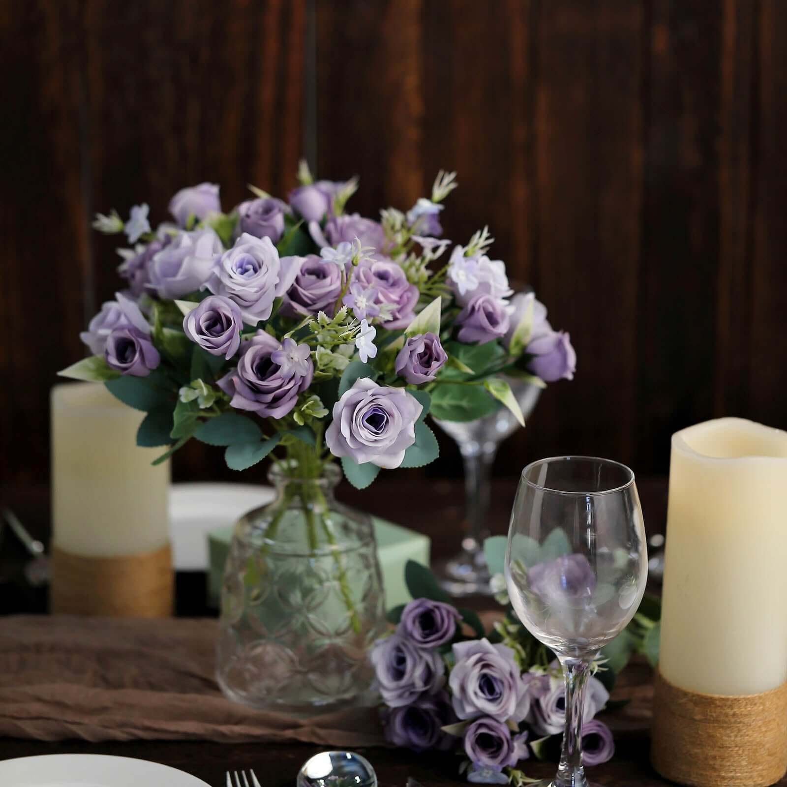 4 Bushes Lavender Lilac Real Touch Artificial Silk Rose Bridal Bouquet, Faux Flowers 12" - Image 6