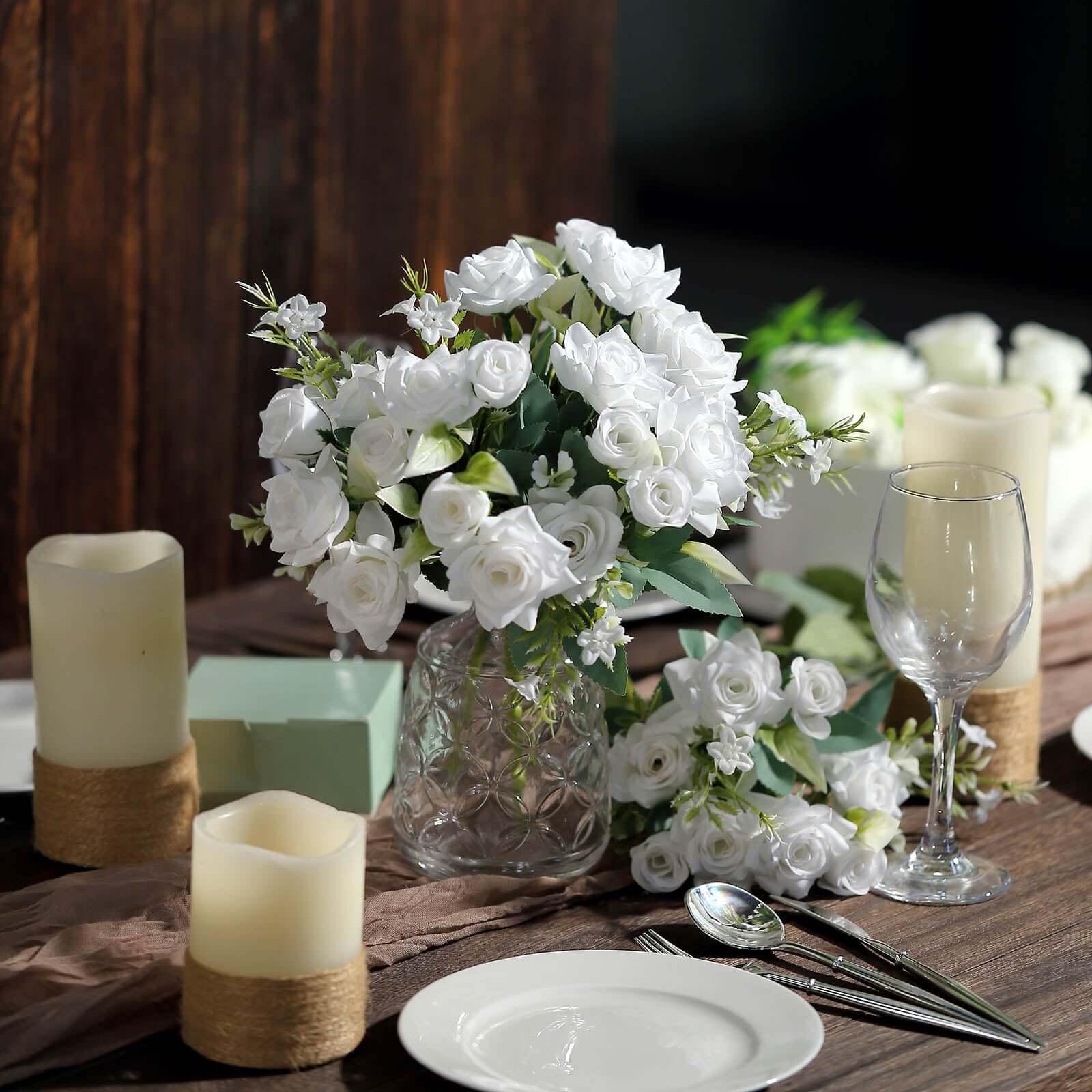 4 Bushes White Real Touch Artificial Silk Rose Bridal Bouquet, Faux Flowers 12" - Image 9
