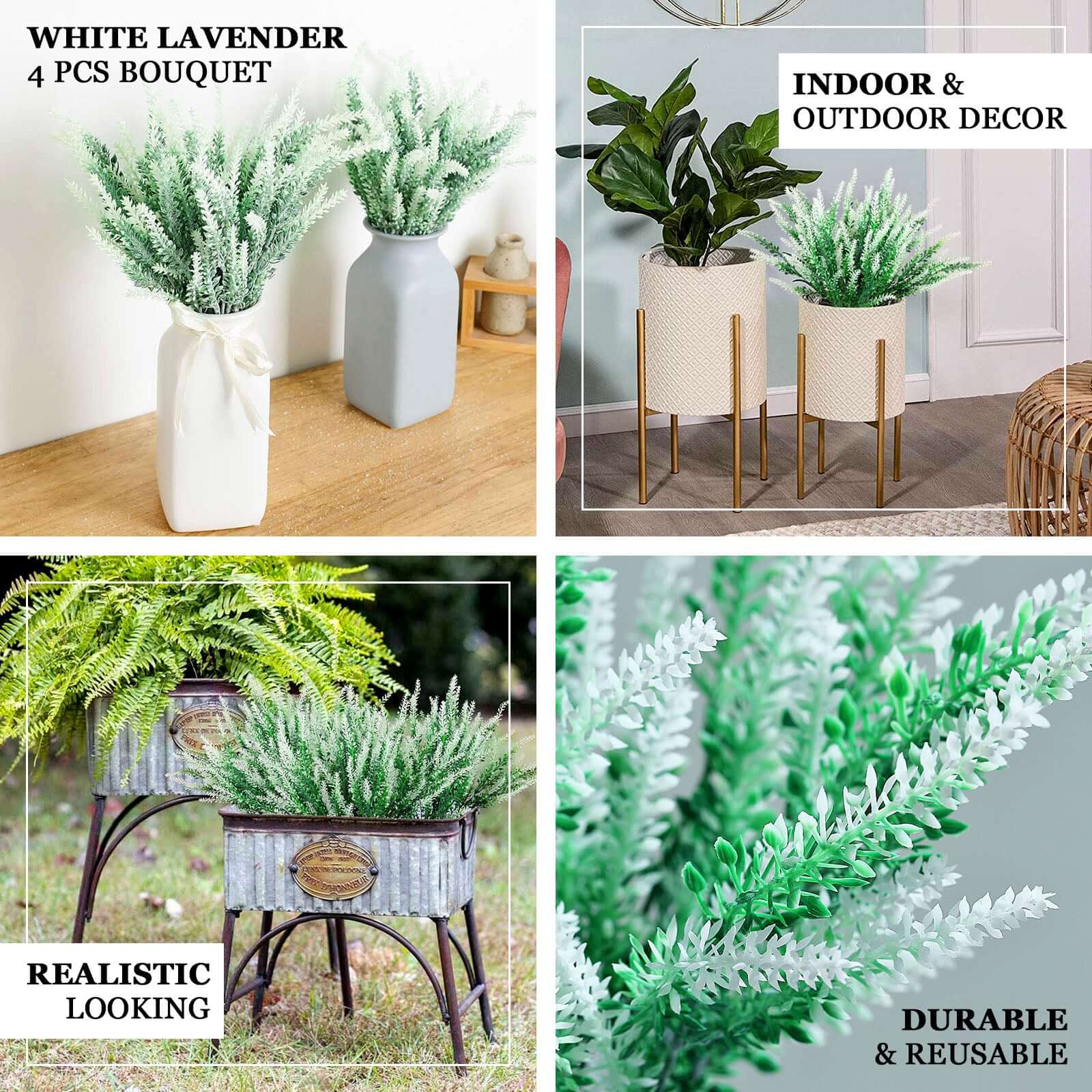 4 Bushes Green/White Artificial Lavender Flower Plant Stems Greenery 14" - Image 4