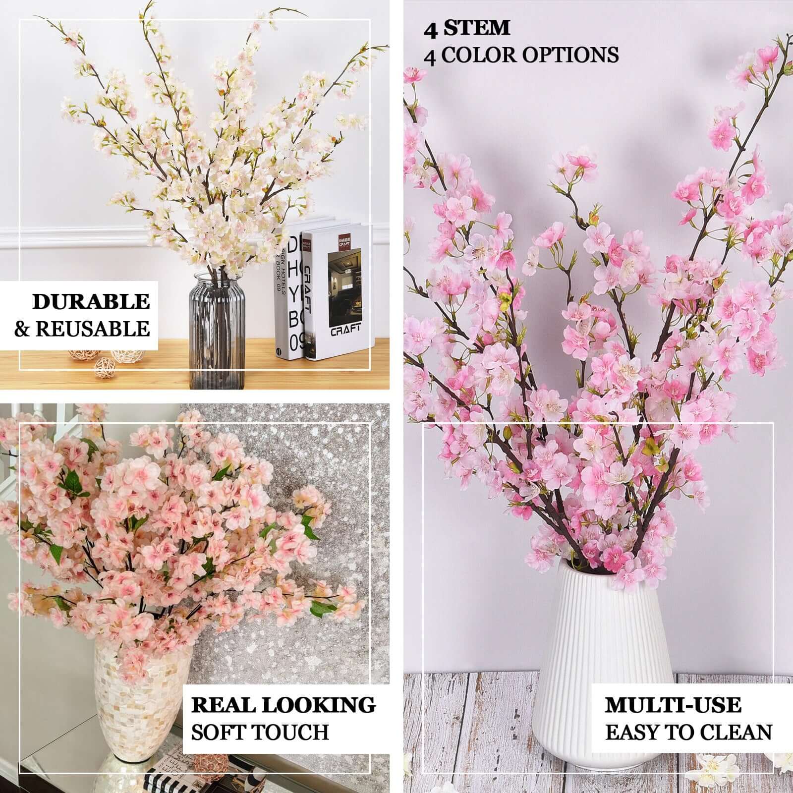 4 Bushes Blush Artificial Silk Cherry Blossom Flowers 40" Tall - Image 4
