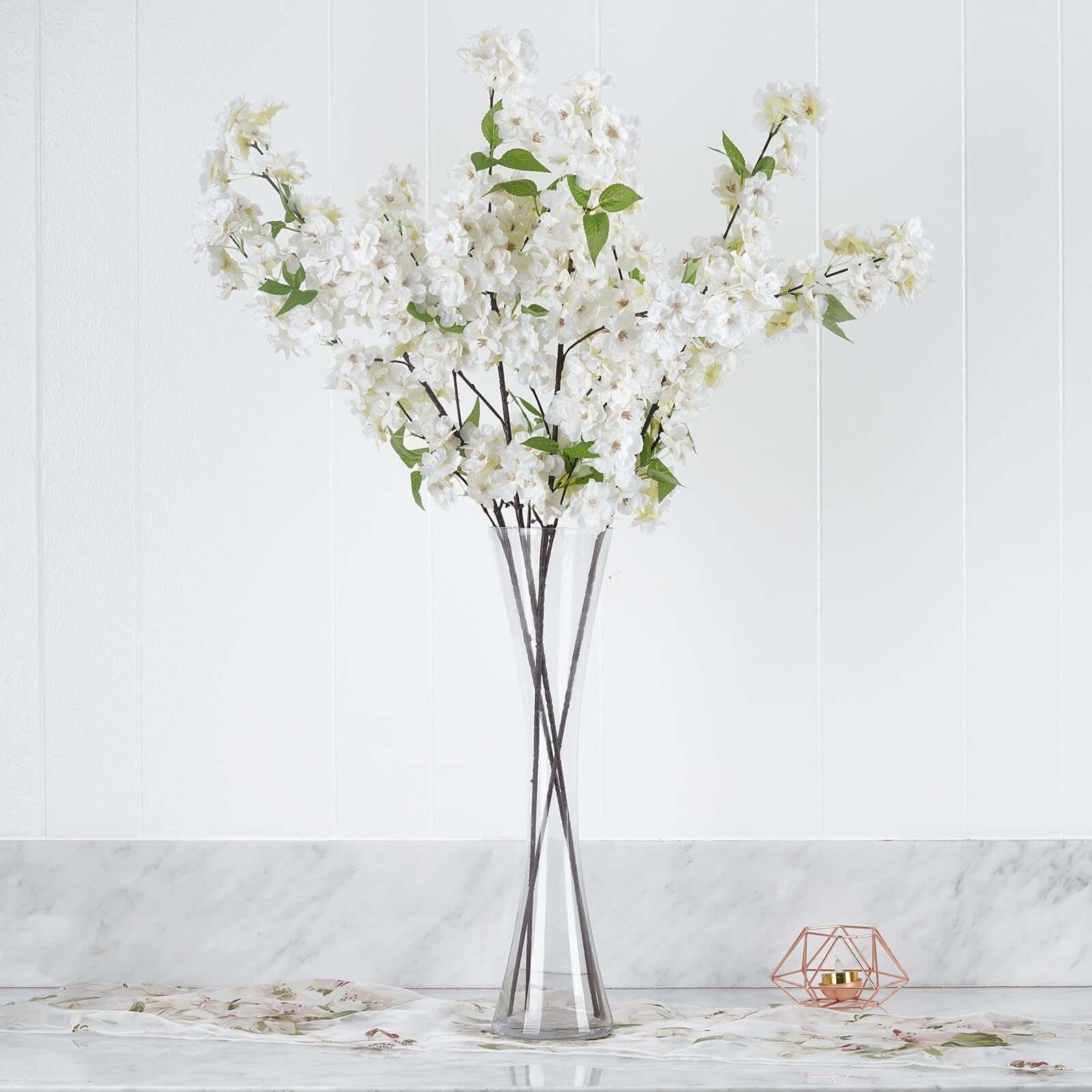 4 Bushes White Artificial Silk Cherry Blossom Flowers, Branches 40" Tall - Image 2
