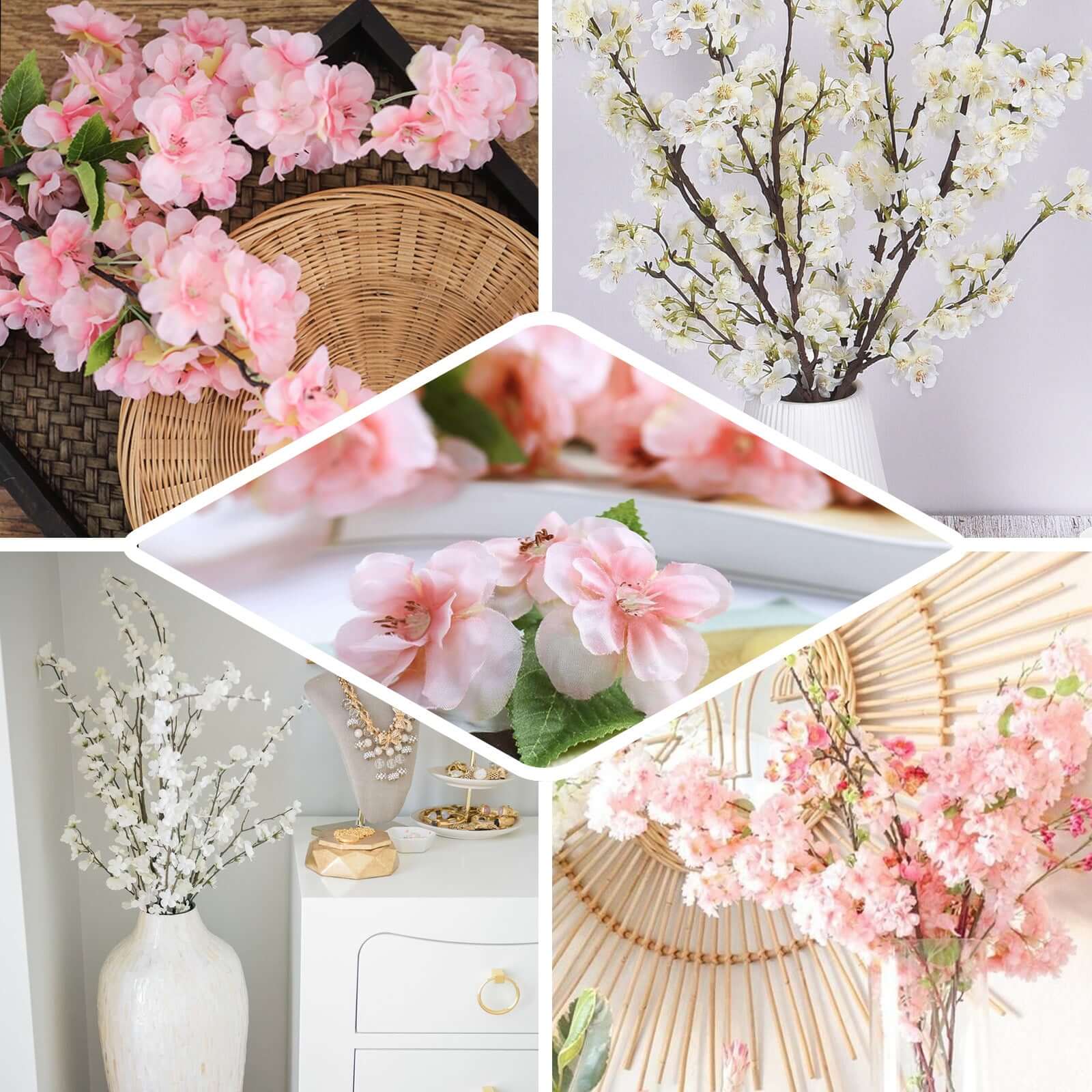 4 Bushes White Artificial Silk Cherry Blossom Flowers, Branches 40" Tall - Image 5