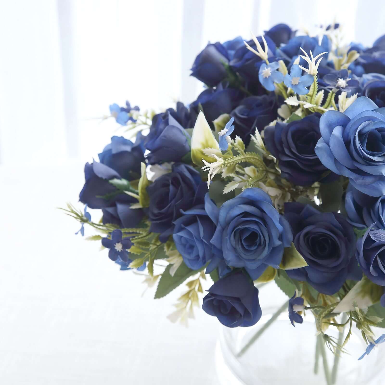 4 Bushes Navy Blue Real Touch Artificial Silk Rose Bridal Bouquet, Faux Flowers 12" - Image 2