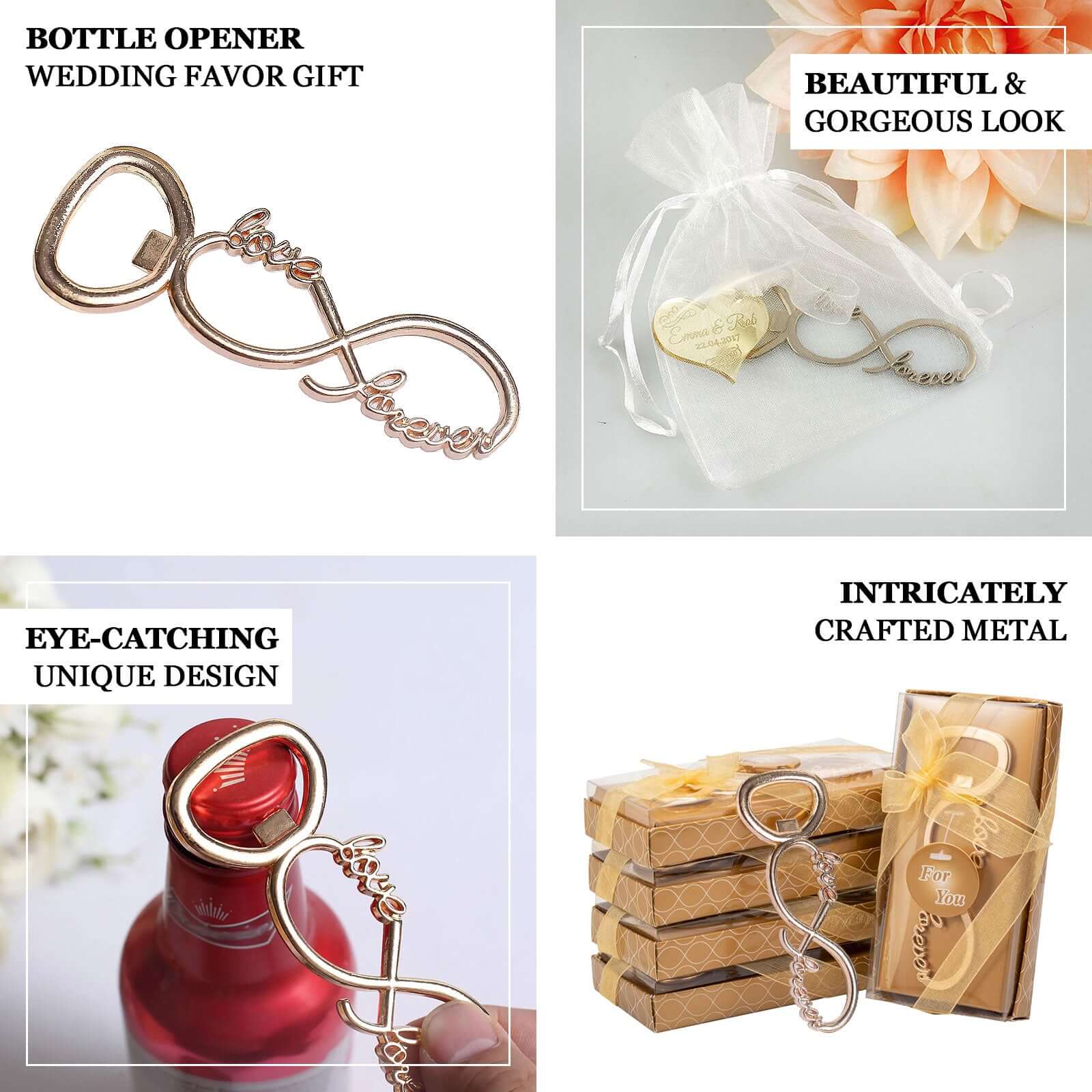 Gold Metal Infinity Sign "Love Forever" Bottle Opener Party Favors, Pre-Packed Wedding Souvenir Gift 4" - Image 4