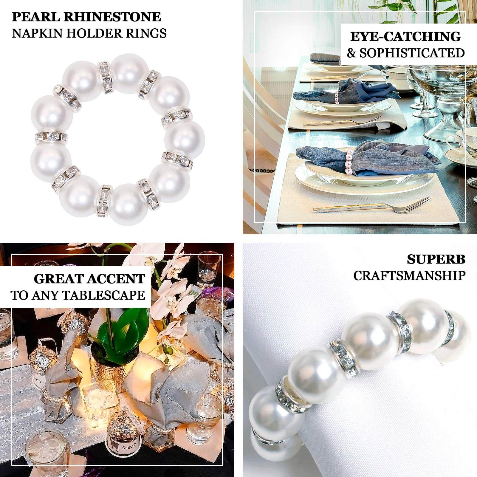 4 Pack White Pearl Beads and Silver Rhinestone Napkin Rings, Elegant Round Serviette Buckle Napkin Holders 1.5" - Image 4