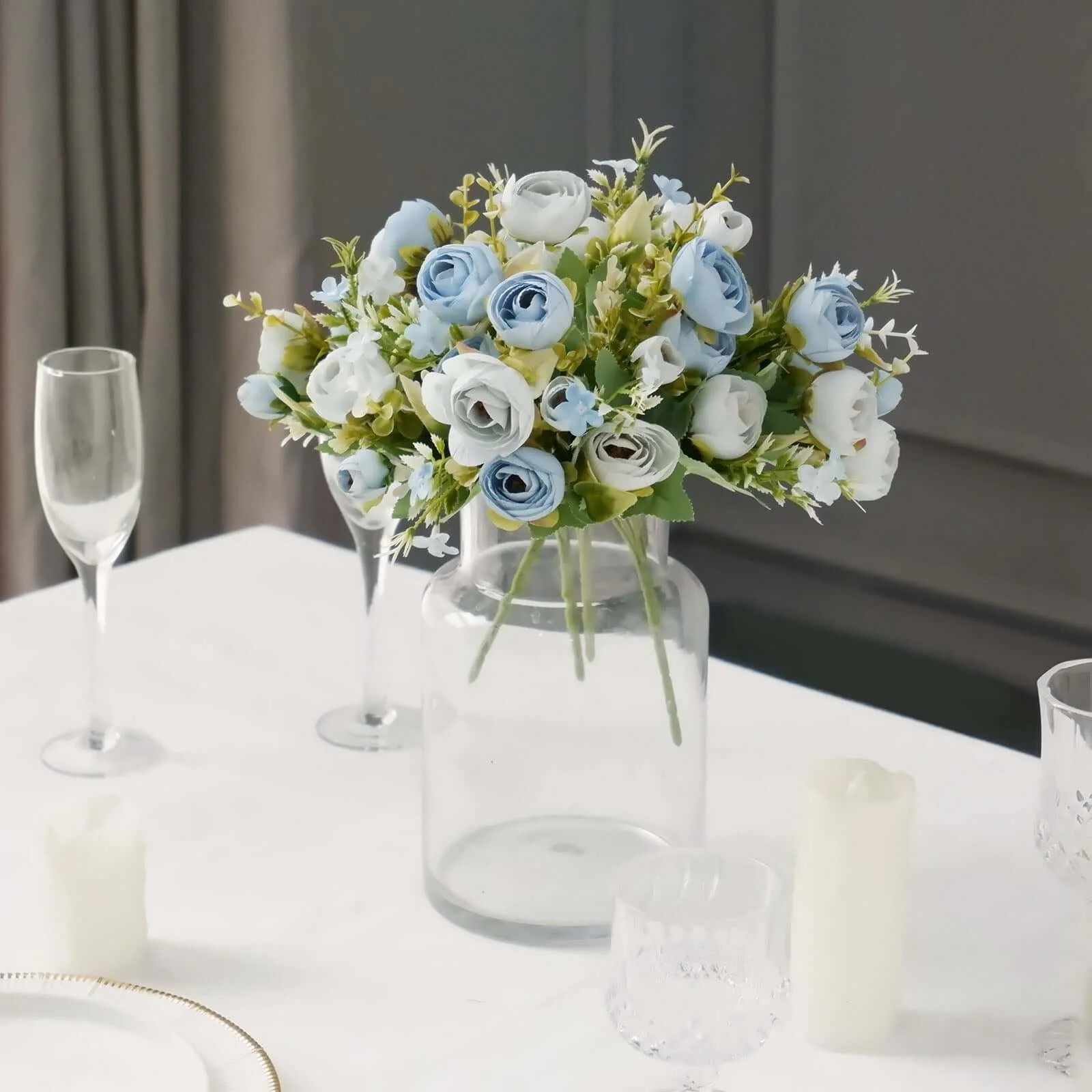 4 Pack Artificial Dusty Blue Mini Ranunculus Silk Flower Arrangements, Faux Buttercup Floral Bouquets 12"