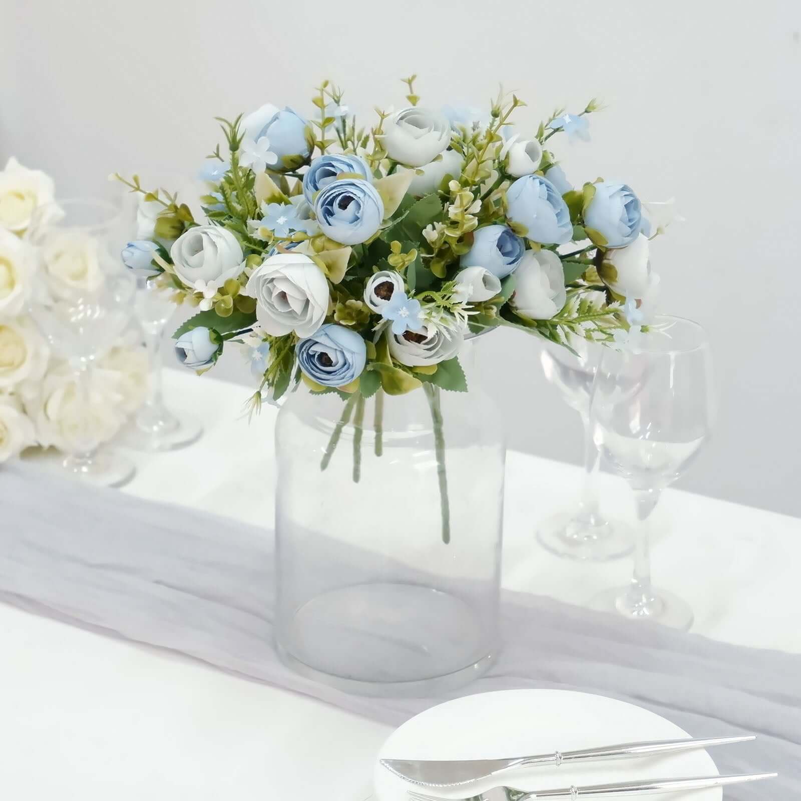 4 Pack Artificial Dusty Blue Mini Ranunculus Silk Flower Arrangements, Faux Buttercup Floral Bouquets 12" - Image 6