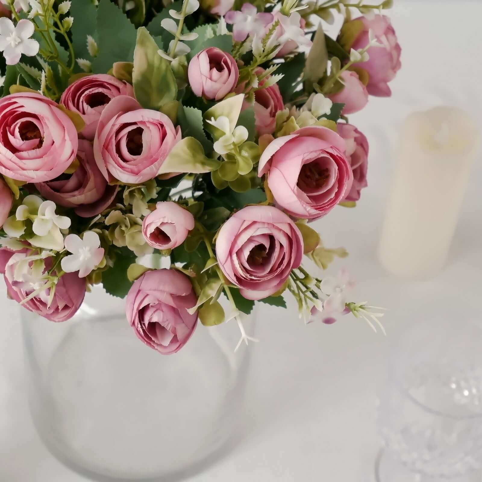 4 Pack Artificial Dusty Rose Mini Ranunculus Silk Flower Arrangements, Faux Buttercup Floral Bouquets 12" - Image 2