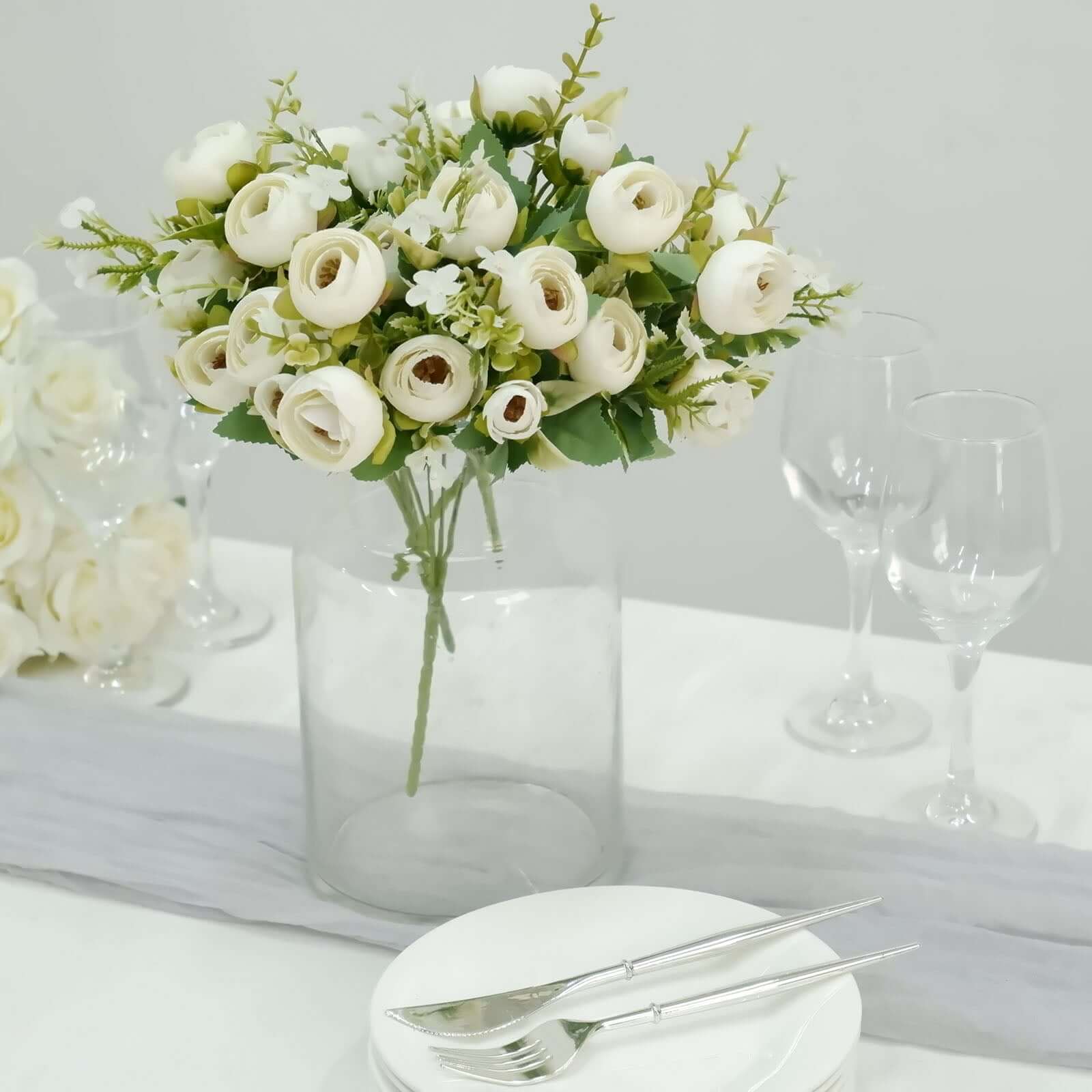 4 Pack Artificial Ivory Mini Ranunculus Silk Flower Arrangements, Faux Buttercup Floral Bouquets 12" - Image 6