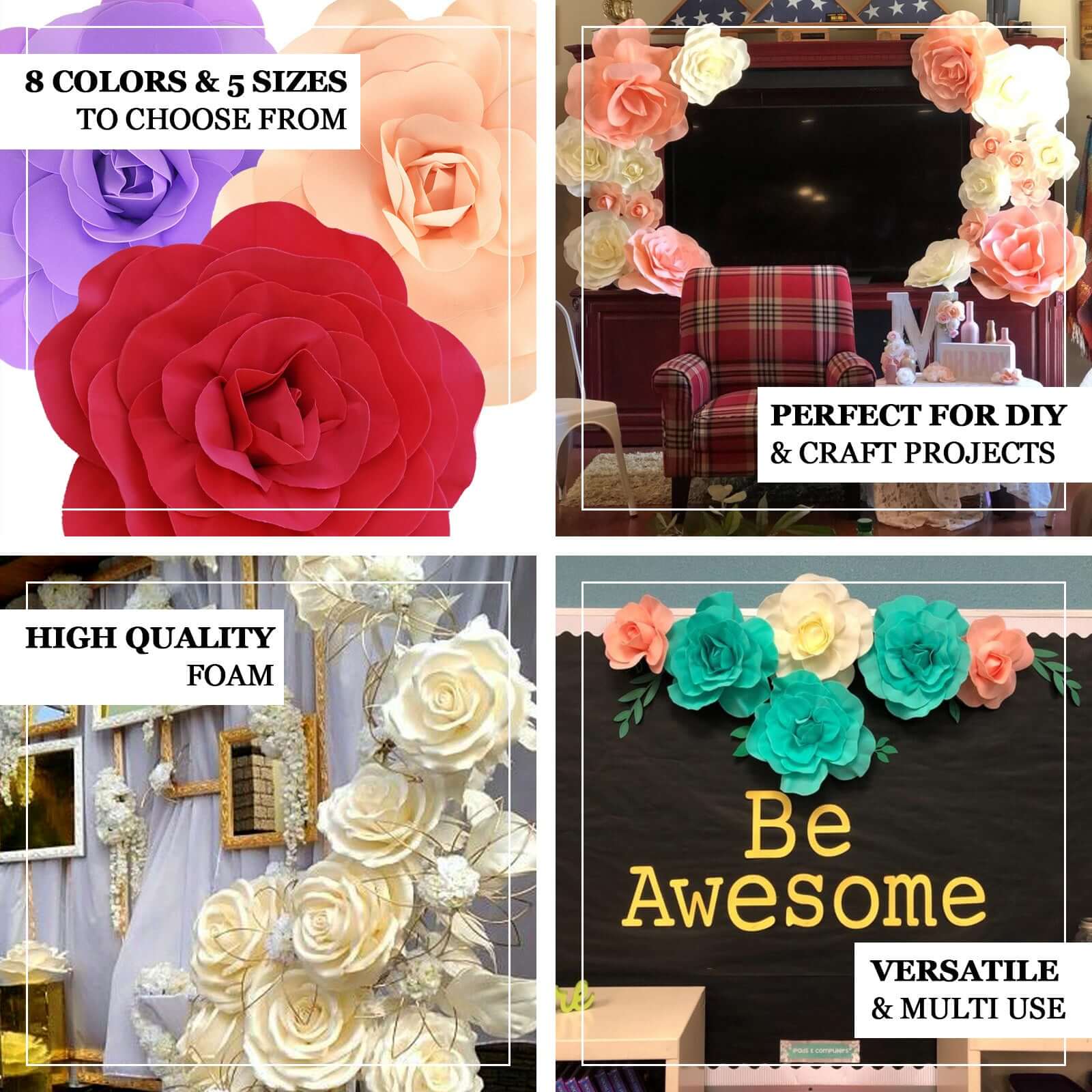 4 Pack Large Metallic Gold Real Touch Artificial Foam DIY Craft Roses 12" - Image 4