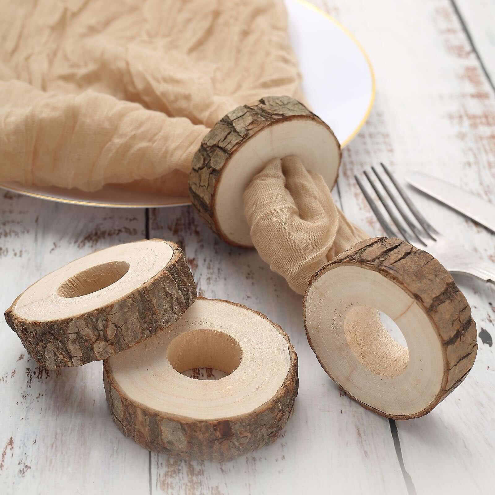 4 Pack Boho Rustic Natural Birch Wood Napkin Ring Wood Slices, Farmhouse Napkin Holders 3"