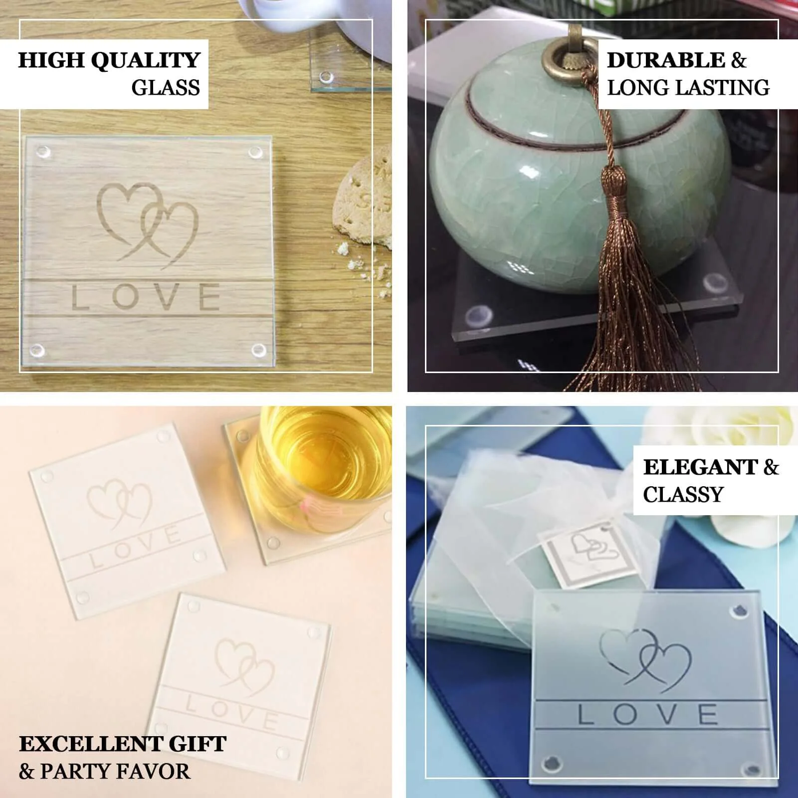 4 Pack Gift Wrapped Love Engraved Square Party Favors Glass Coasters With Thank You Tag 3" - Image 3