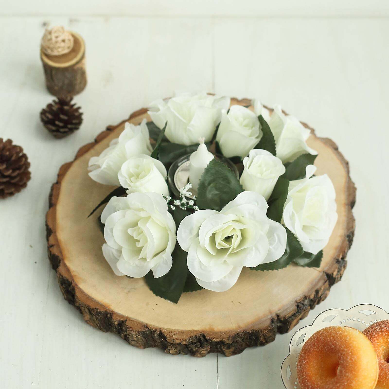4 Pack Ivory Artificial Silk Rose Flower Candle Ring Wreaths 3" - Image 9