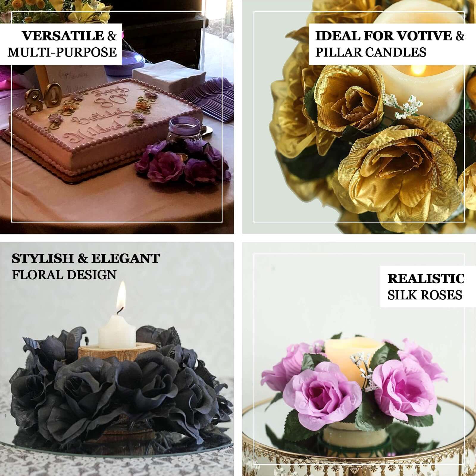 4 Pack Royal Blue Artificial Silk Rose Flower Candle Ring Wreaths 3" - Image 4