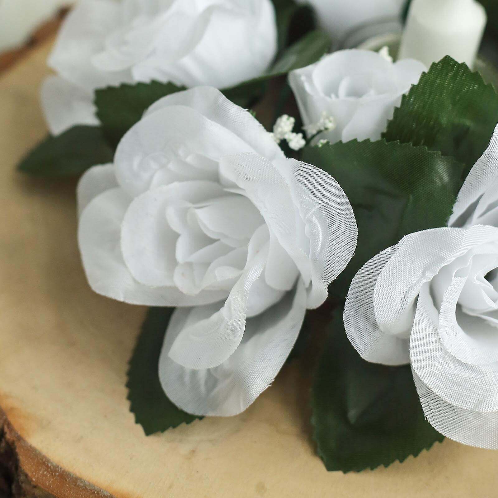 4 Pack White Artificial Silk Rose Flower Candle Ring Wreaths 3" - Image 2