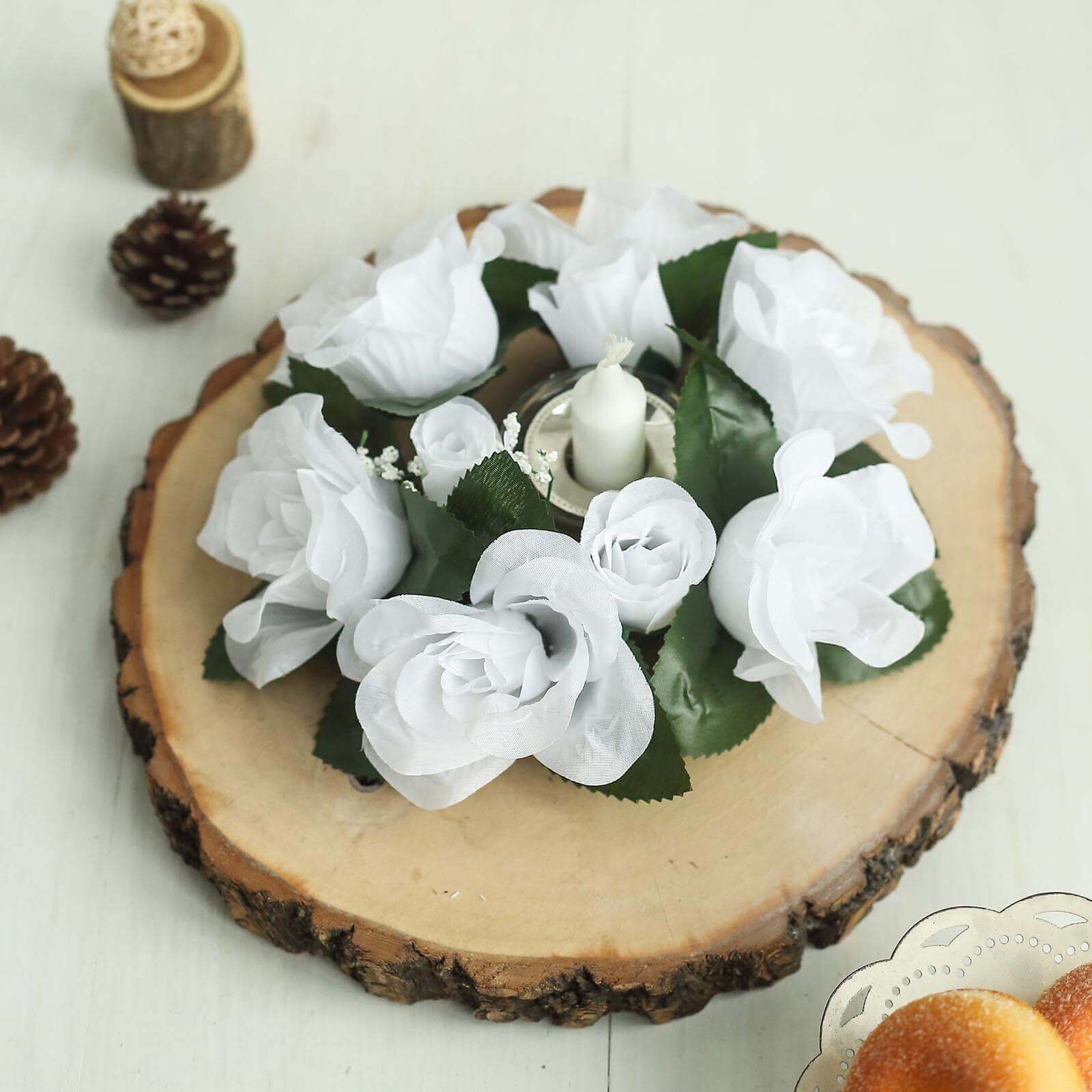 4 Pack White Artificial Silk Rose Flower Candle Ring Wreaths 3" - Image 8