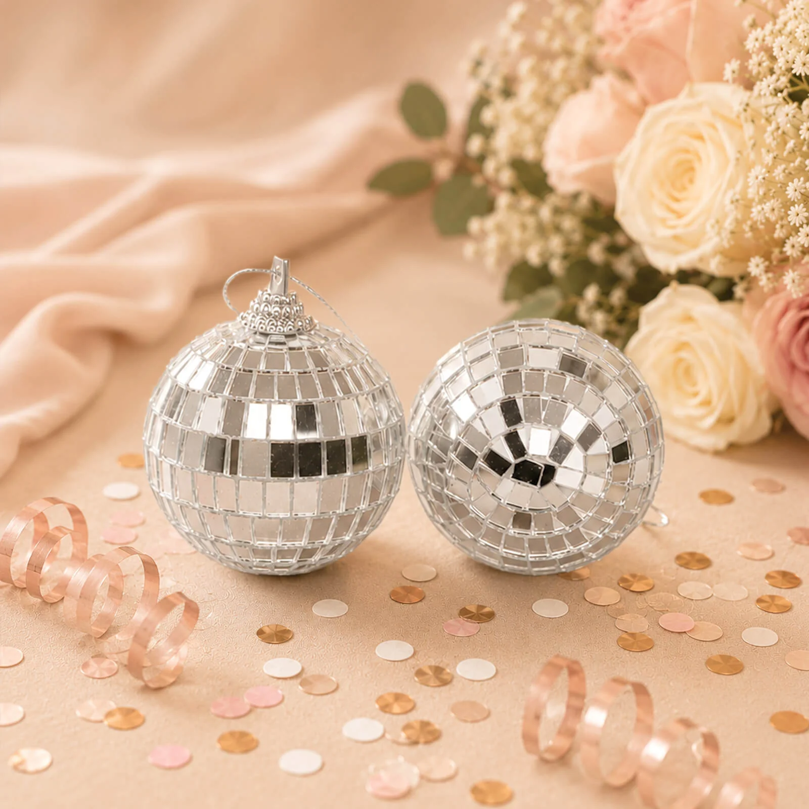4 Pack Silver Foam Disco Mirror Ball With Hanging Strings, Holiday Christmas Ornaments 4" - Image 6
