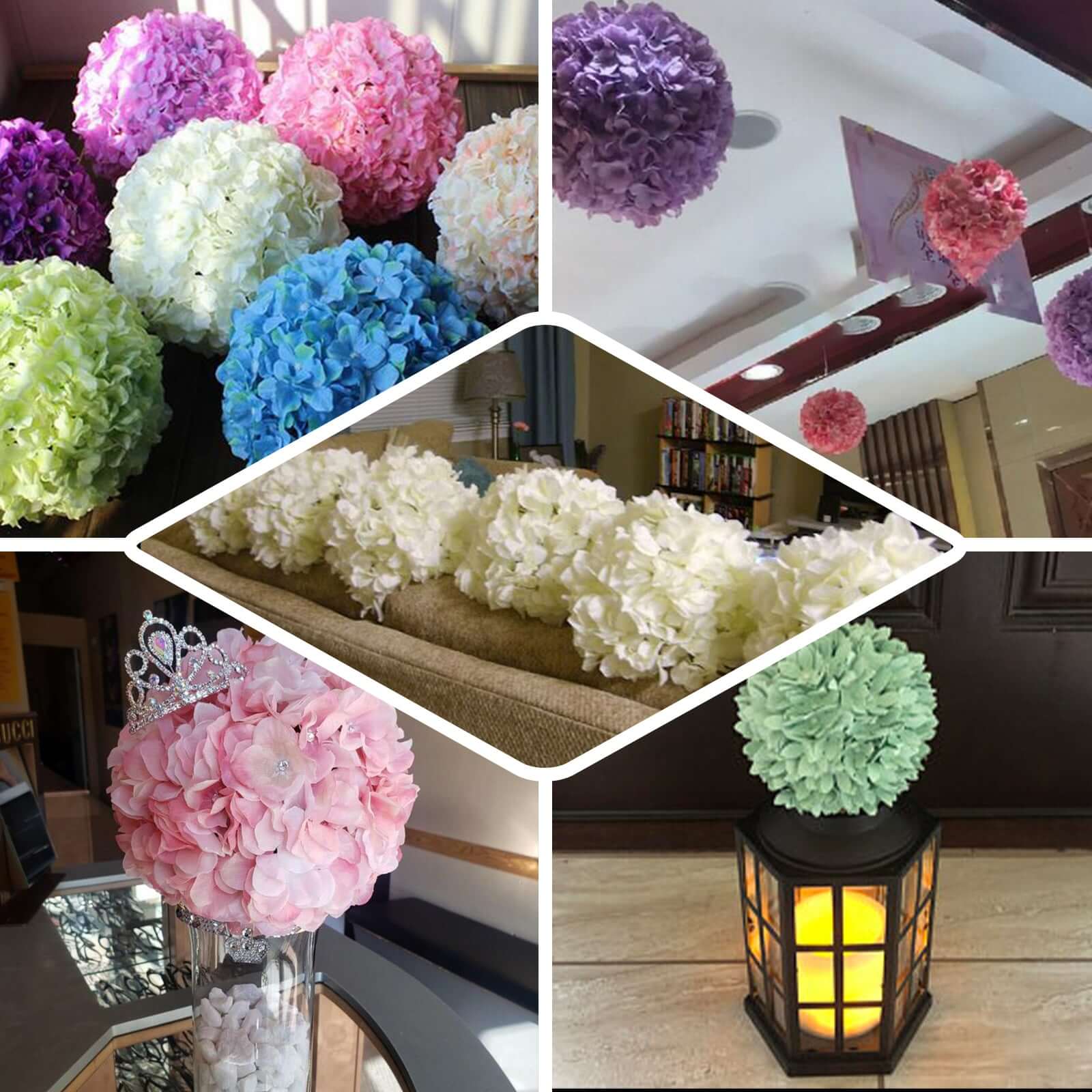 4 Pack Cream Artificial Silk Hydrangea Kissing Flower Balls 7" - Image 5