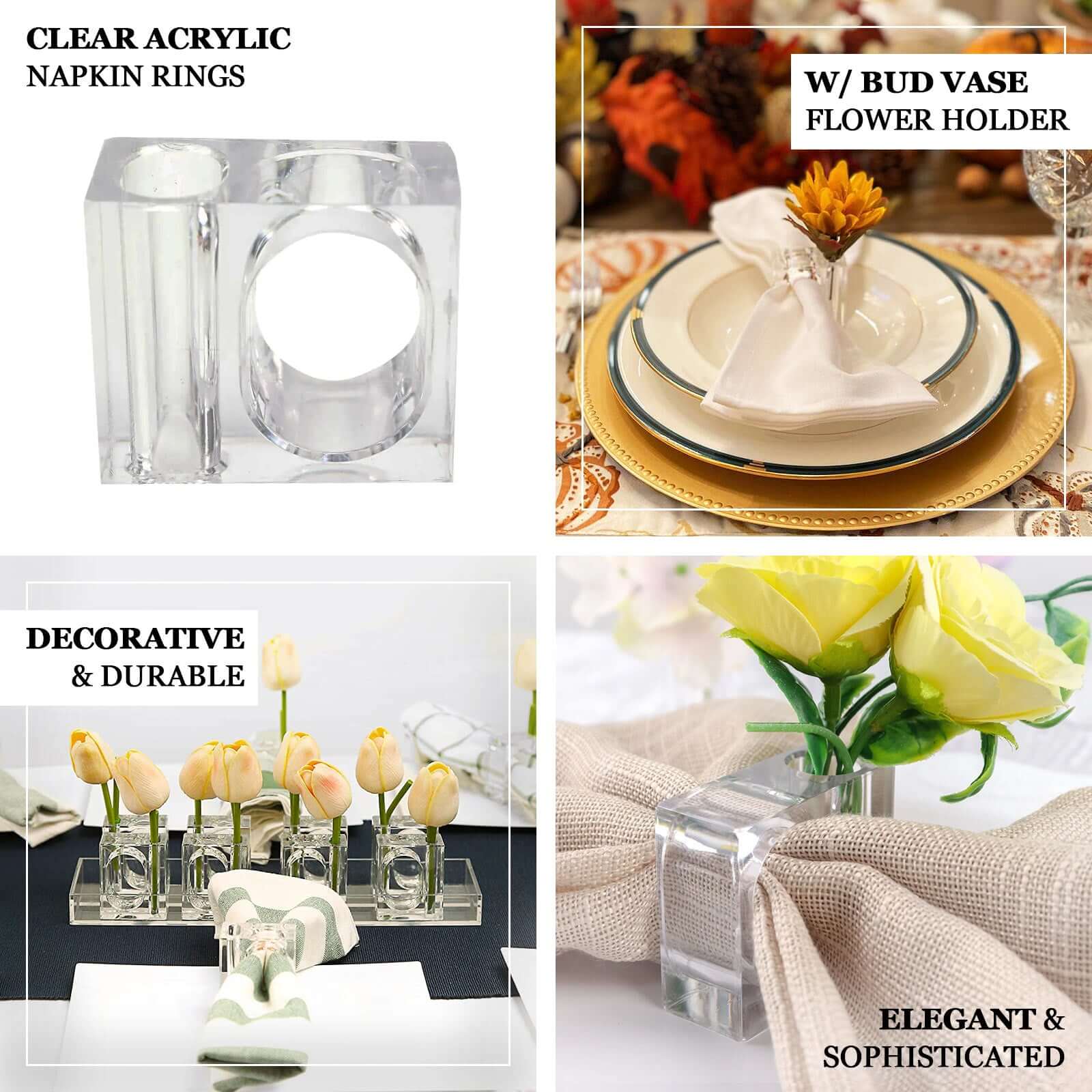 4-Pack Acrylic Napkin Rings 2-in-1 Mini Bud Vase Square Clear - Flower Napkin Holders for Table Decor - Image 4