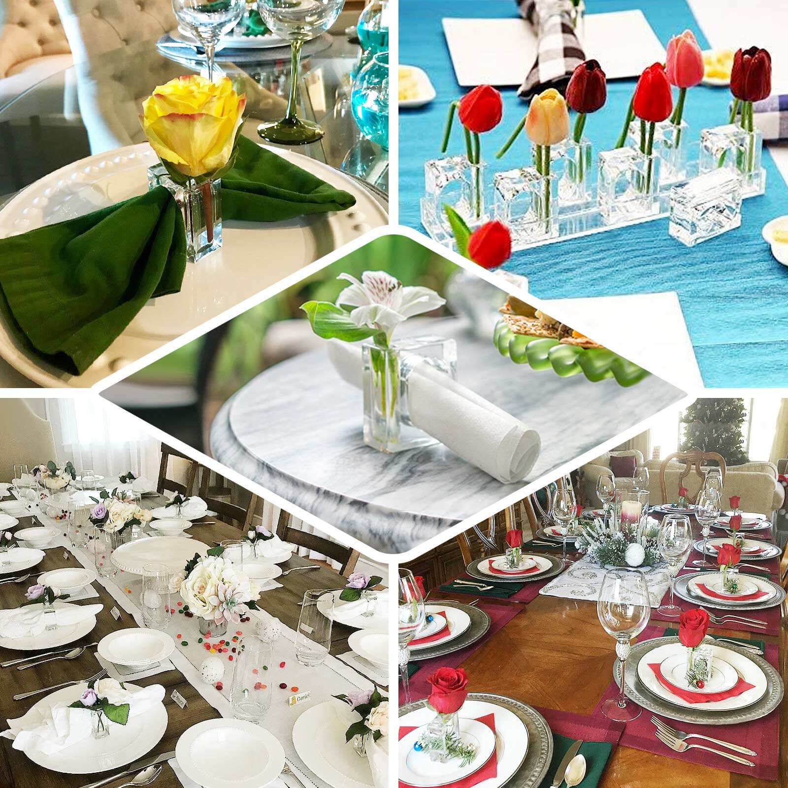 4-Pack Acrylic Napkin Rings 2-in-1 Mini Bud Vase Square Clear - Flower Napkin Holders for Table Decor - Image 5