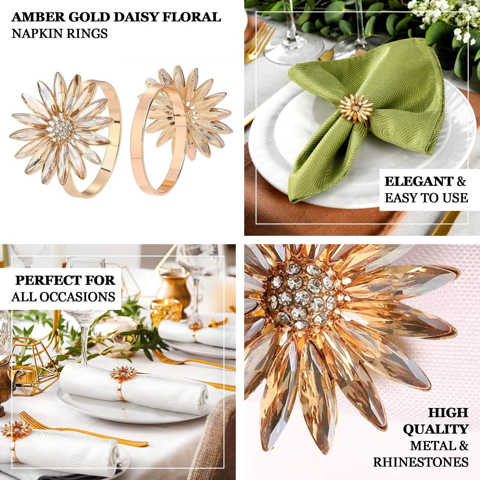 4 Pack Amber Gold Daisy Floral Metal Napkin Rings with Rhinestone Accents, Decorative Napkin Holders - 2" - Image 3