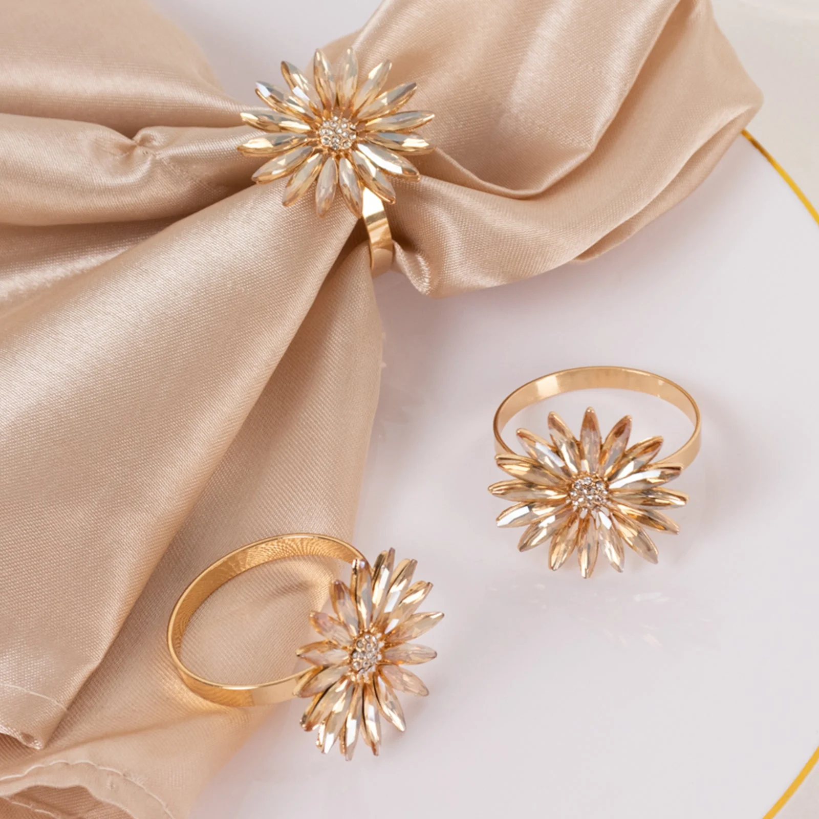 4 Pack Amber Gold Daisy Floral Metal Napkin Rings with Rhinestone Accents, Decorative Napkin Holders - 2" - Image 8