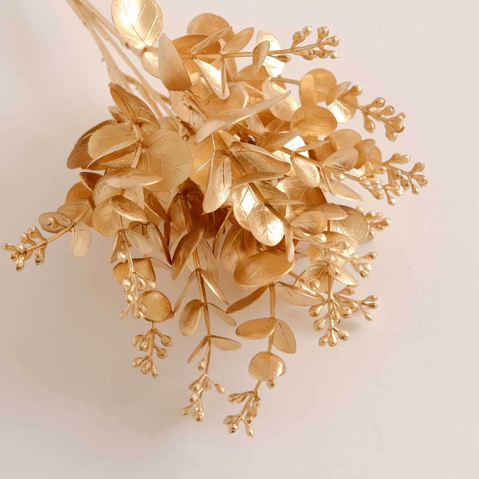 4-Pack Artificial Eucalyptus Leaves Decor 12" Metallic Gold - Image 2