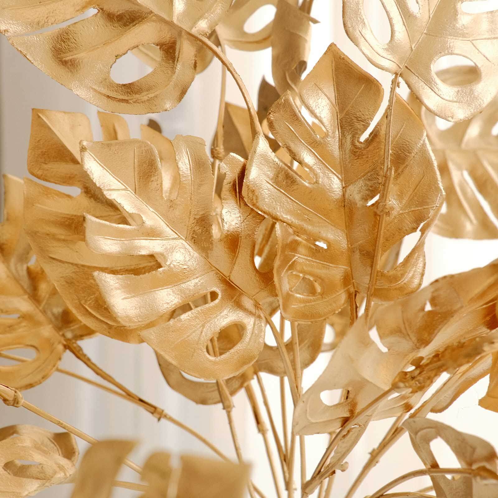 4-Pack Artificial Monstera Leaves Bushes 14" Metallic Gold - Lush Hawaiian Luau Jungle Themed Tropical Palm Leaf Decor Floral Accent - Image 2