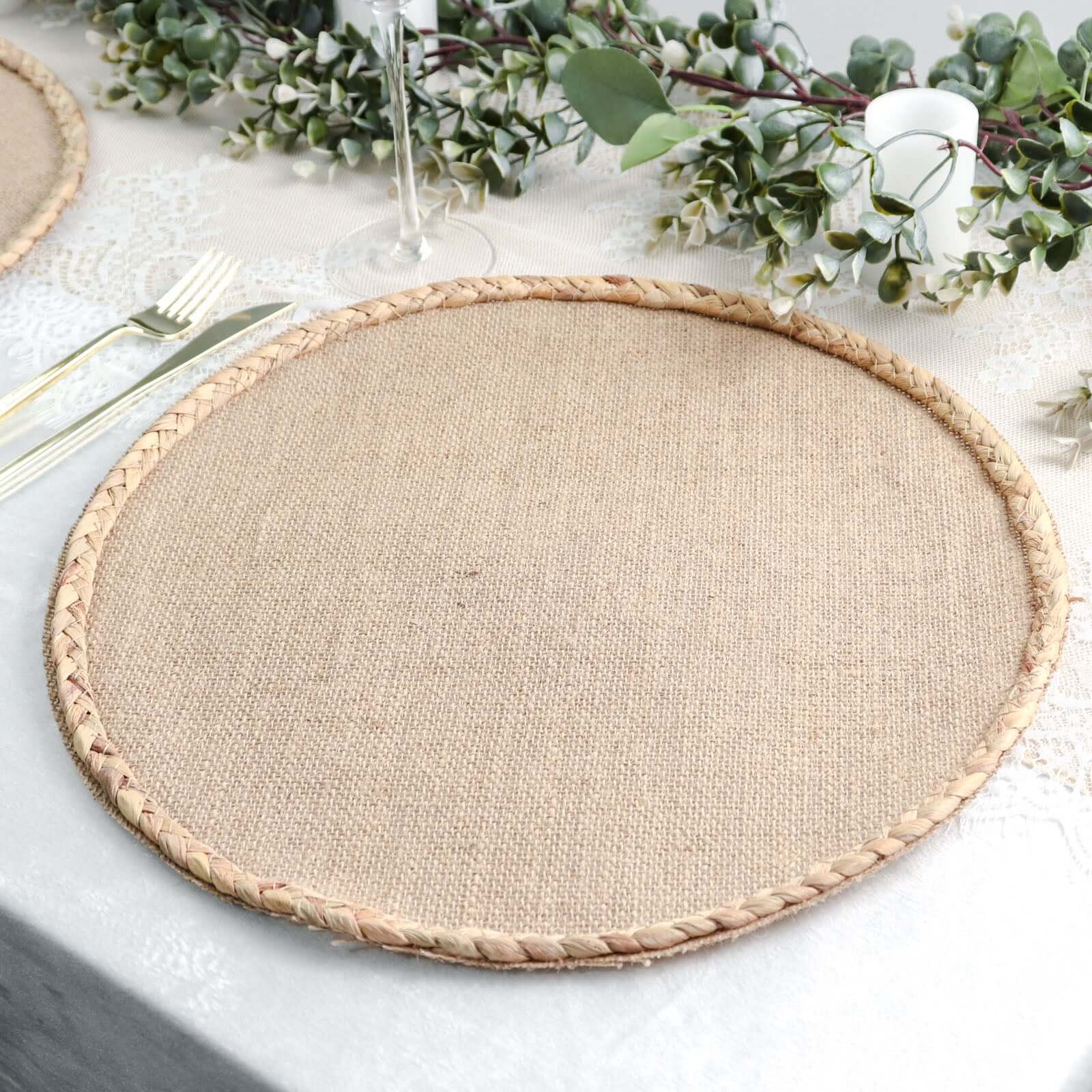 4-Pack Burlap Jute Placemats 15" Round Braided Edge Design Natural - Rustic Farmhouse Table Decor with Trim