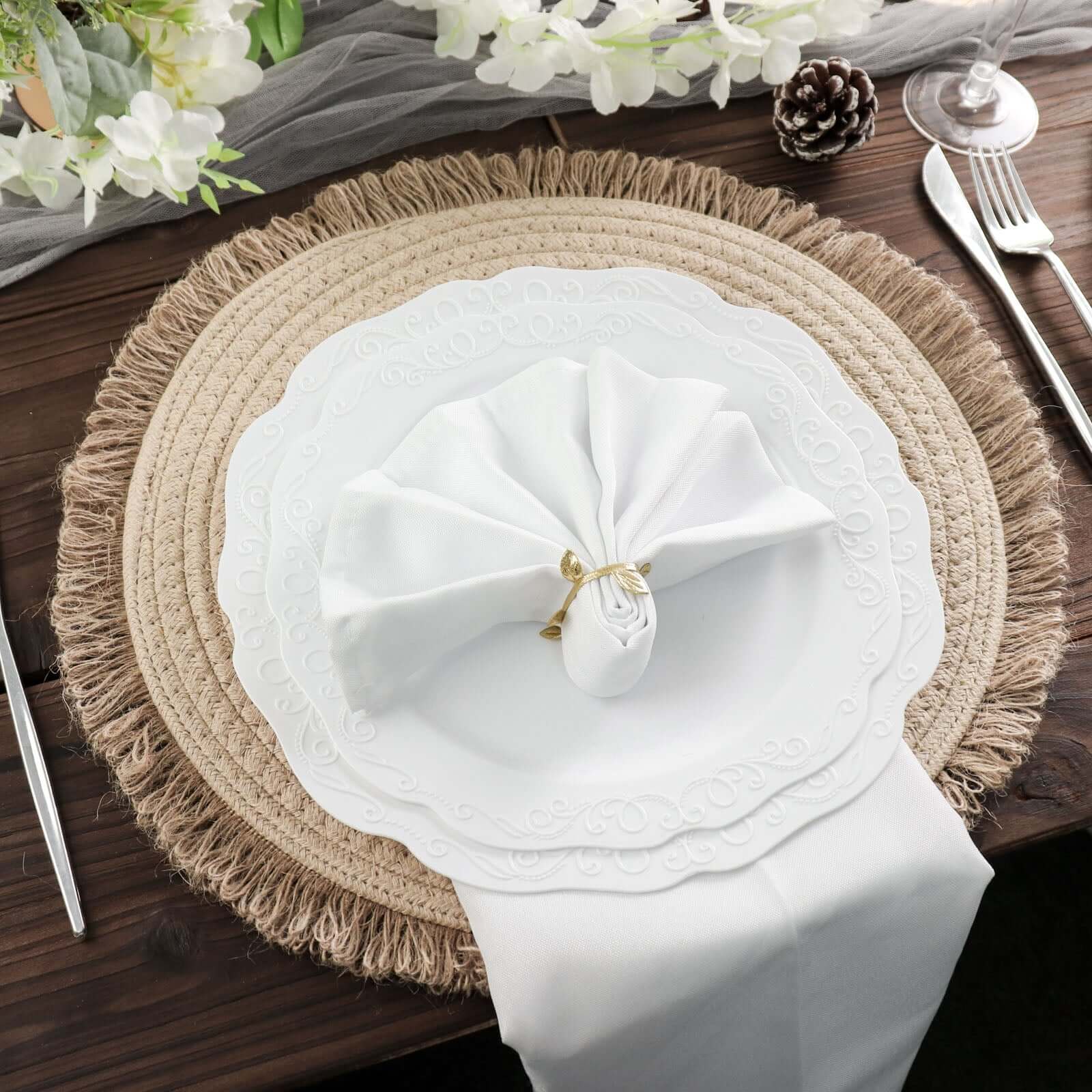 4-Pack Burlap Jute Placemats 15" Round Fringed Edge Design Natural Rustic - Farmhouse Table Mats with Trim - Image 7