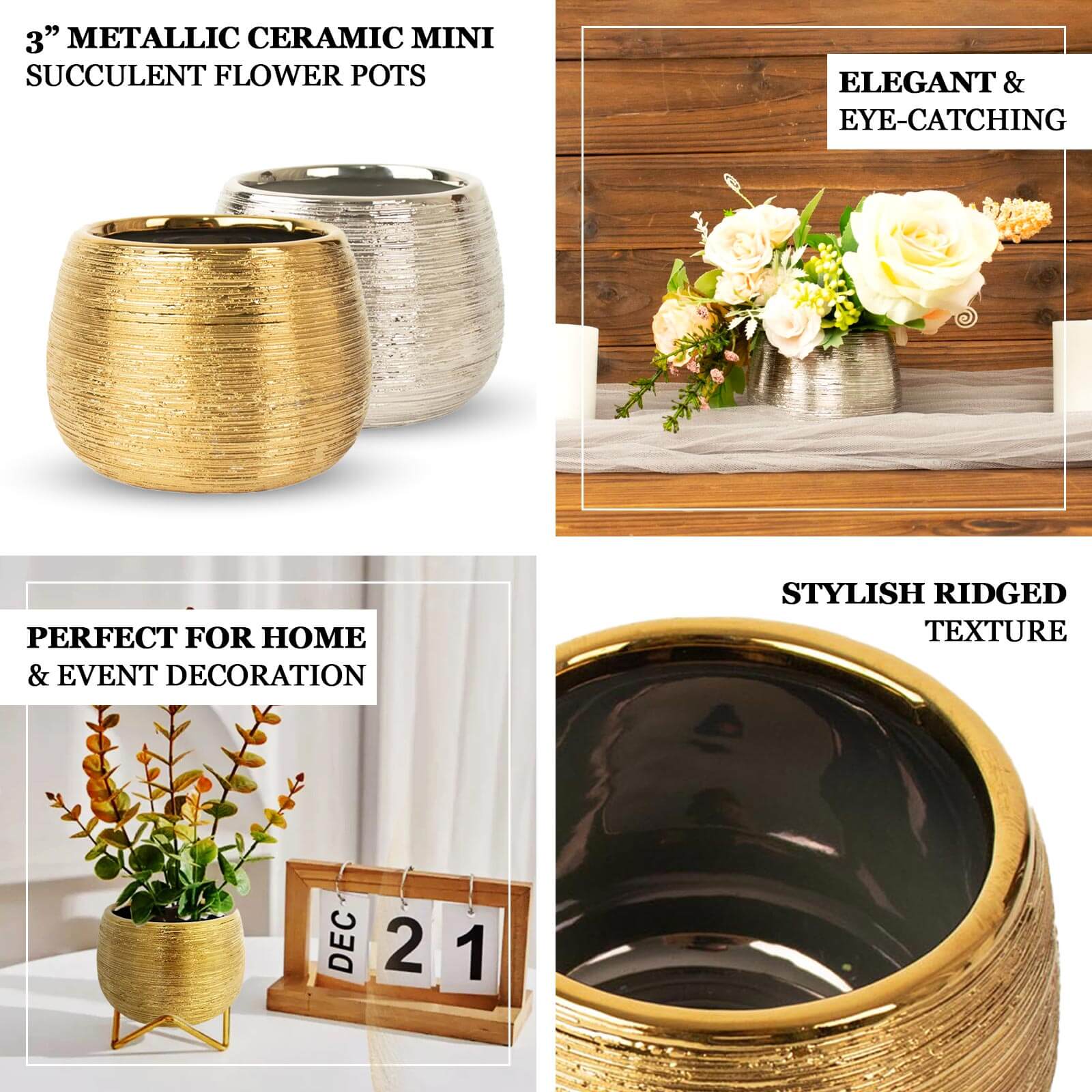 4-Pack Ceramic Flower Vase Pots 3" Textured Round Design Gold - Brushed Indoor Planters - Image 4