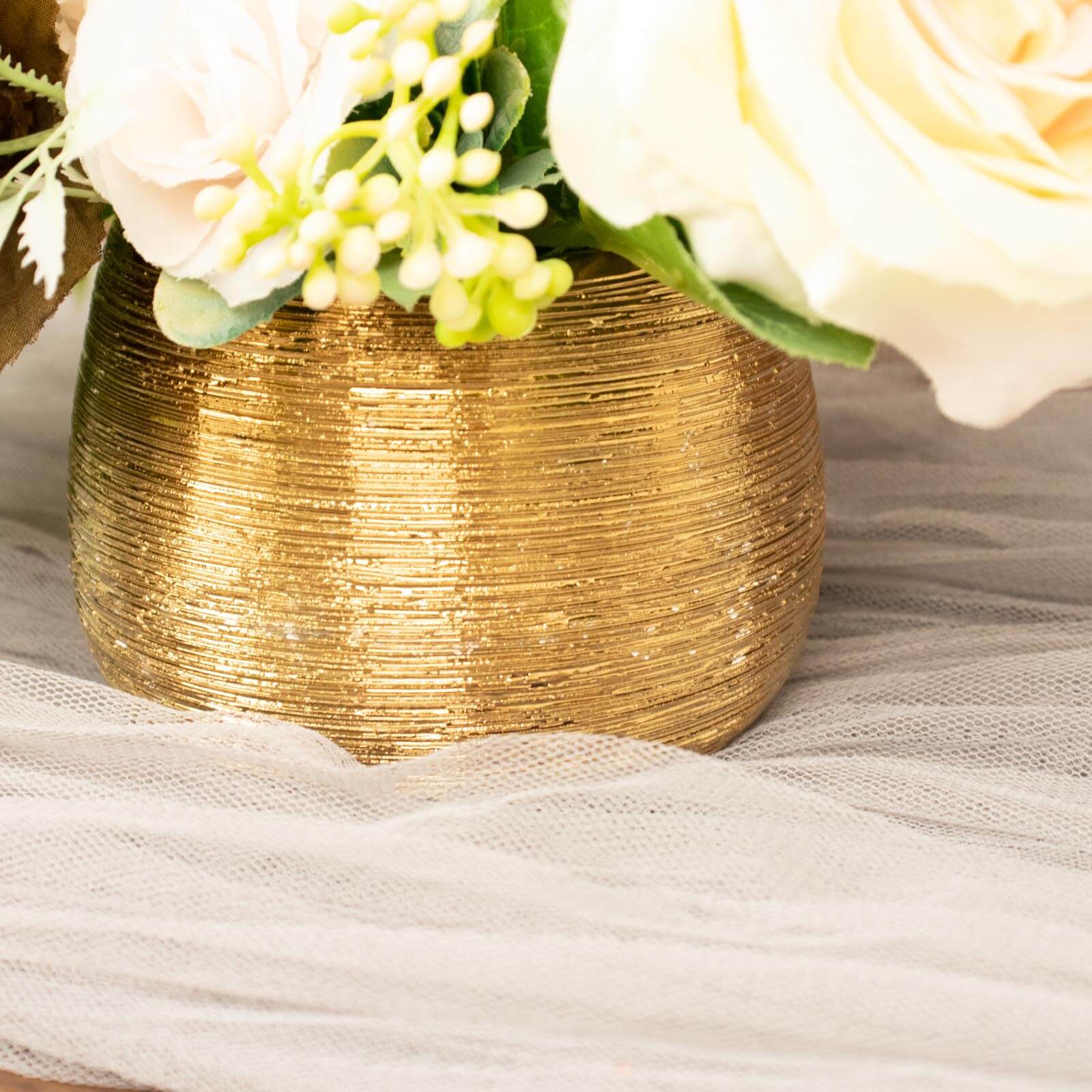 4-Pack Ceramic Flower Vase Pots 3" Textured Round Design Gold - Brushed Indoor Planters - Image 5