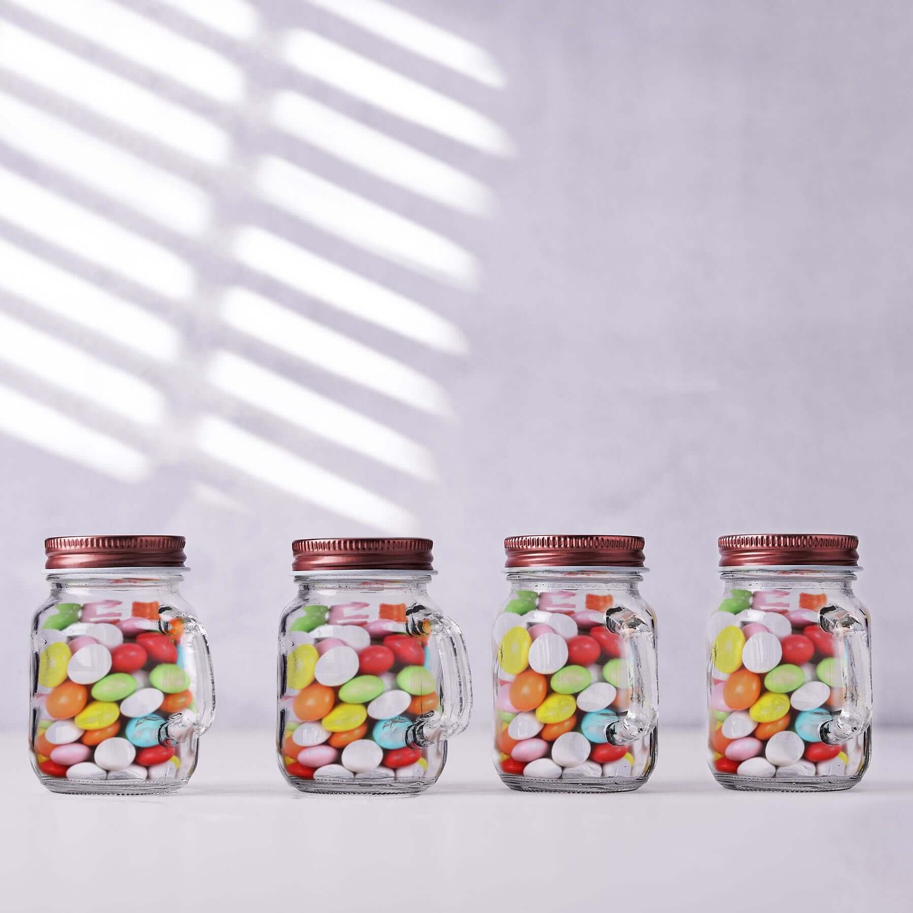 4-Pack Clear Glass Mason Jars 4oz Rustic Design with Handles and Rose Gold Screw-On Lids - Stylish Storage for Beverages & Decor - Image 12