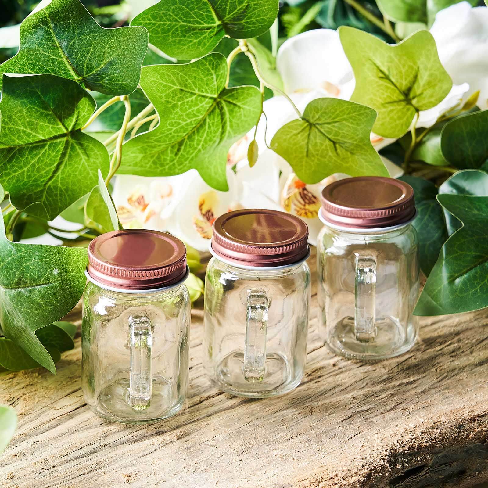 4-Pack Clear Glass Mason Jars 4oz Rustic Design with Handles and Rose Gold Screw-On Lids - Stylish Storage for Beverages & Decor - Image 15